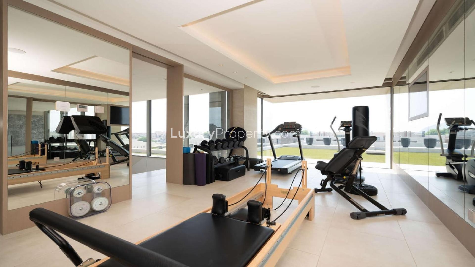 Luxurious contemporary villa exterior with palm trees and garden, Jumeirah property for sale