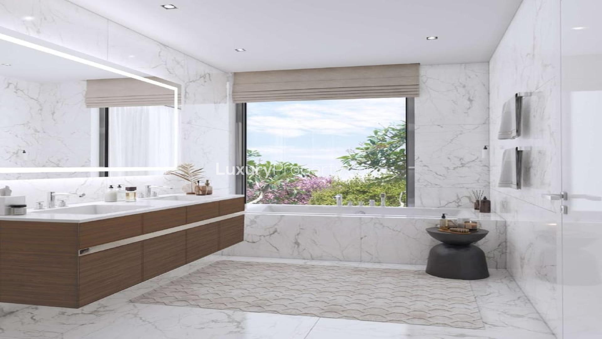 Luxurious living room in 6-bedroom villa, The Nest, Al Barari, with elegant decor