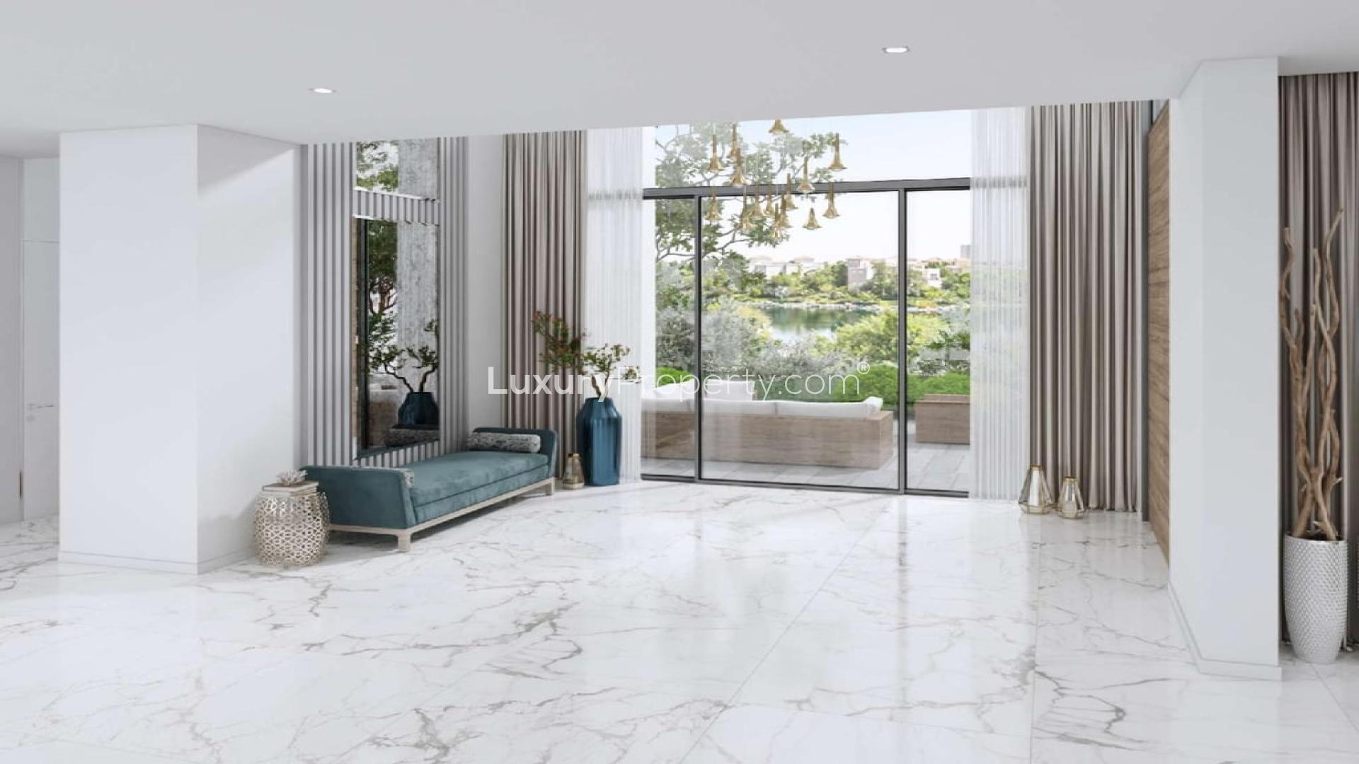 Contemporary villa exterior with pool at The Nest, Al Barari, for sale