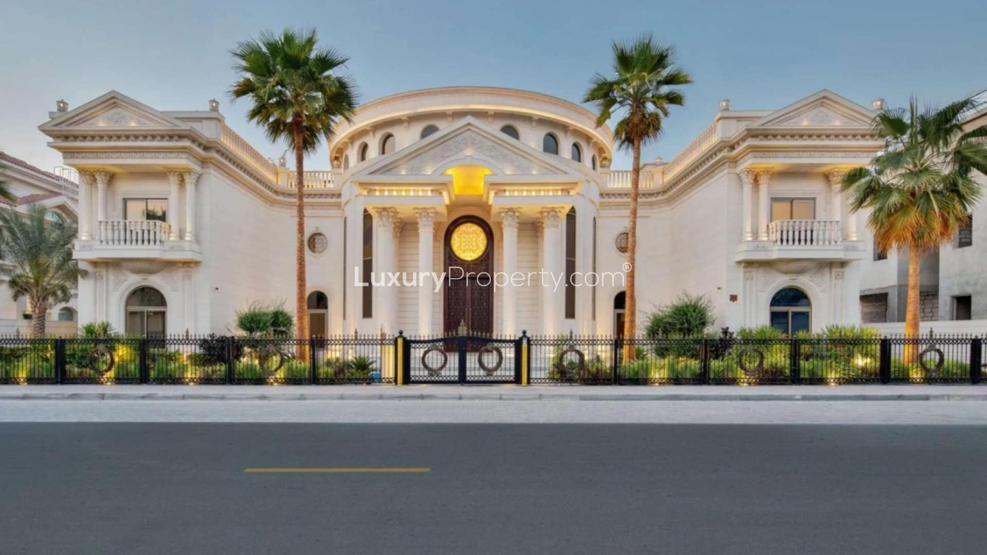 Greek-style mansion exterior in Palm Jumeirah, Signature Villas, with columns and landscaped garden
