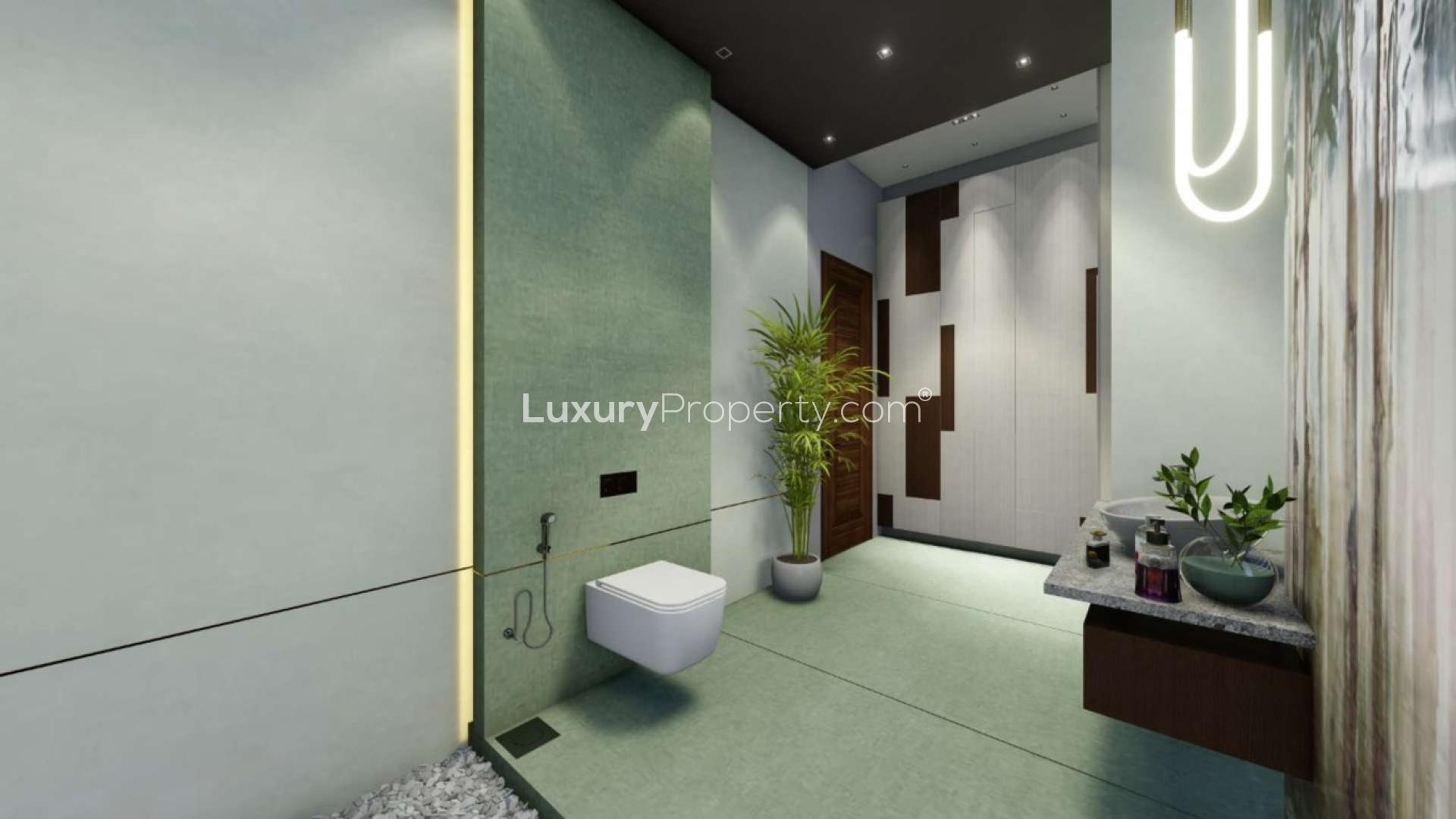 Modern 6-bedroom villa exterior at sunset, Dubai Hills Estate, for sale