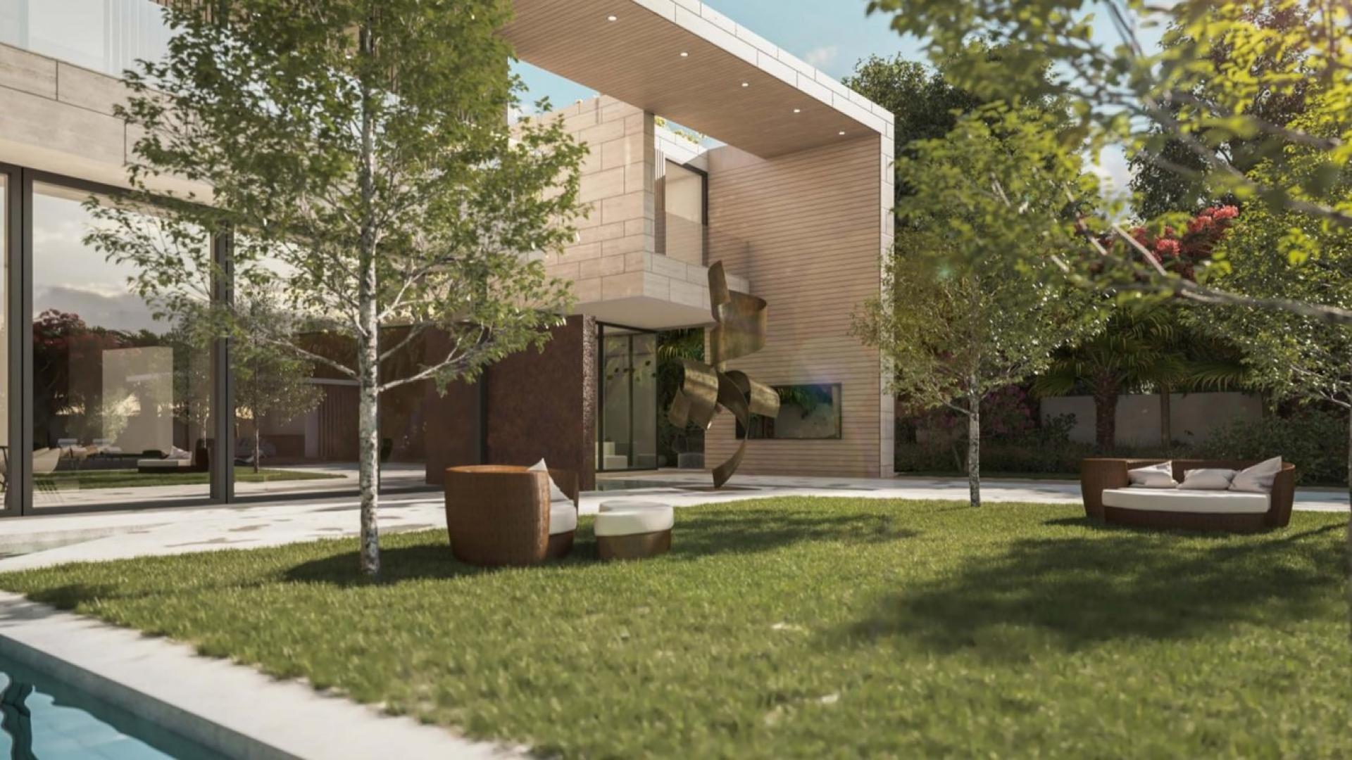 Modern luxury villa exterior with lush garden in Al Barari, Lunaria