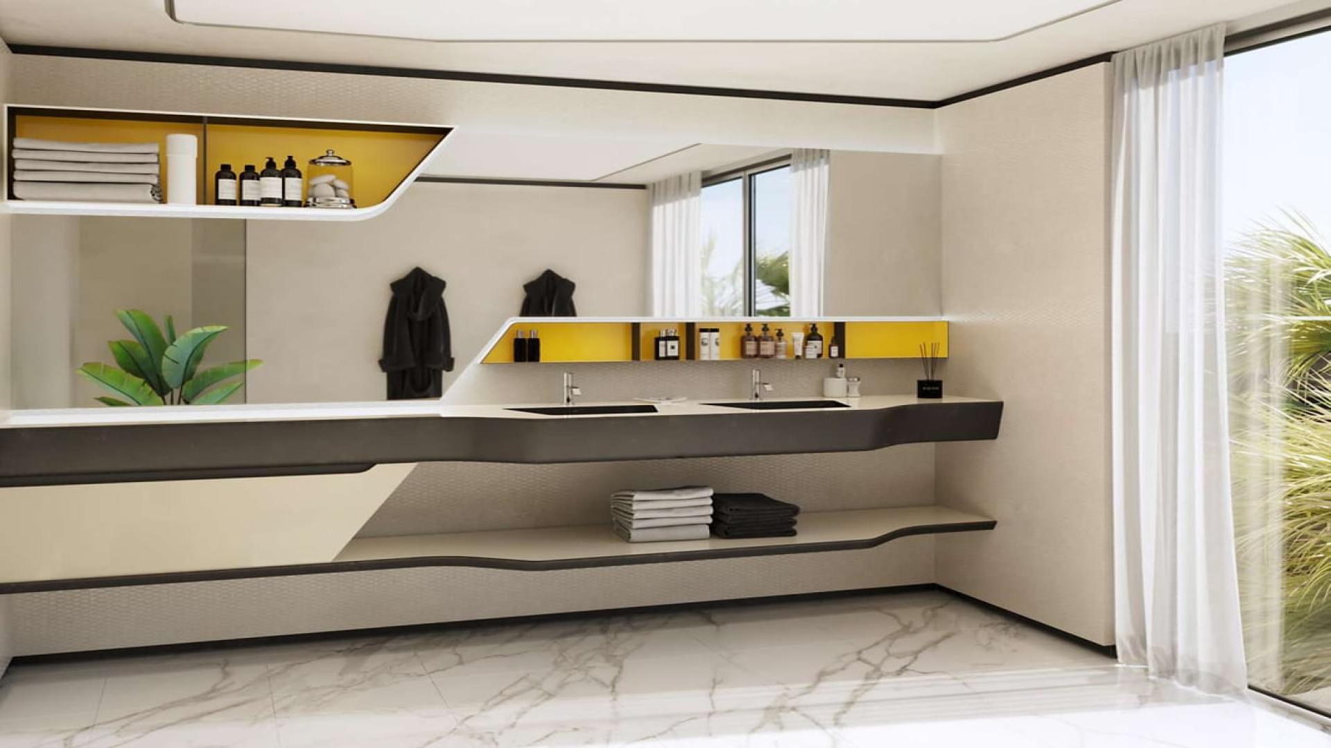 Elegant villa living room with modern decor, large windows, and luxury car view outside