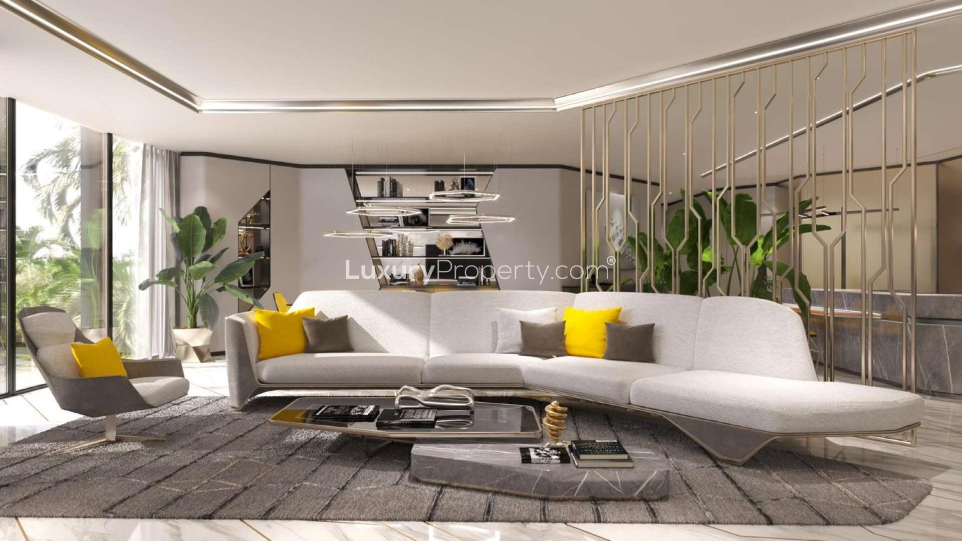 Modern living room in six-bed villa, Dubai Hills Estate, Majestic Vistas, luxurious interior design