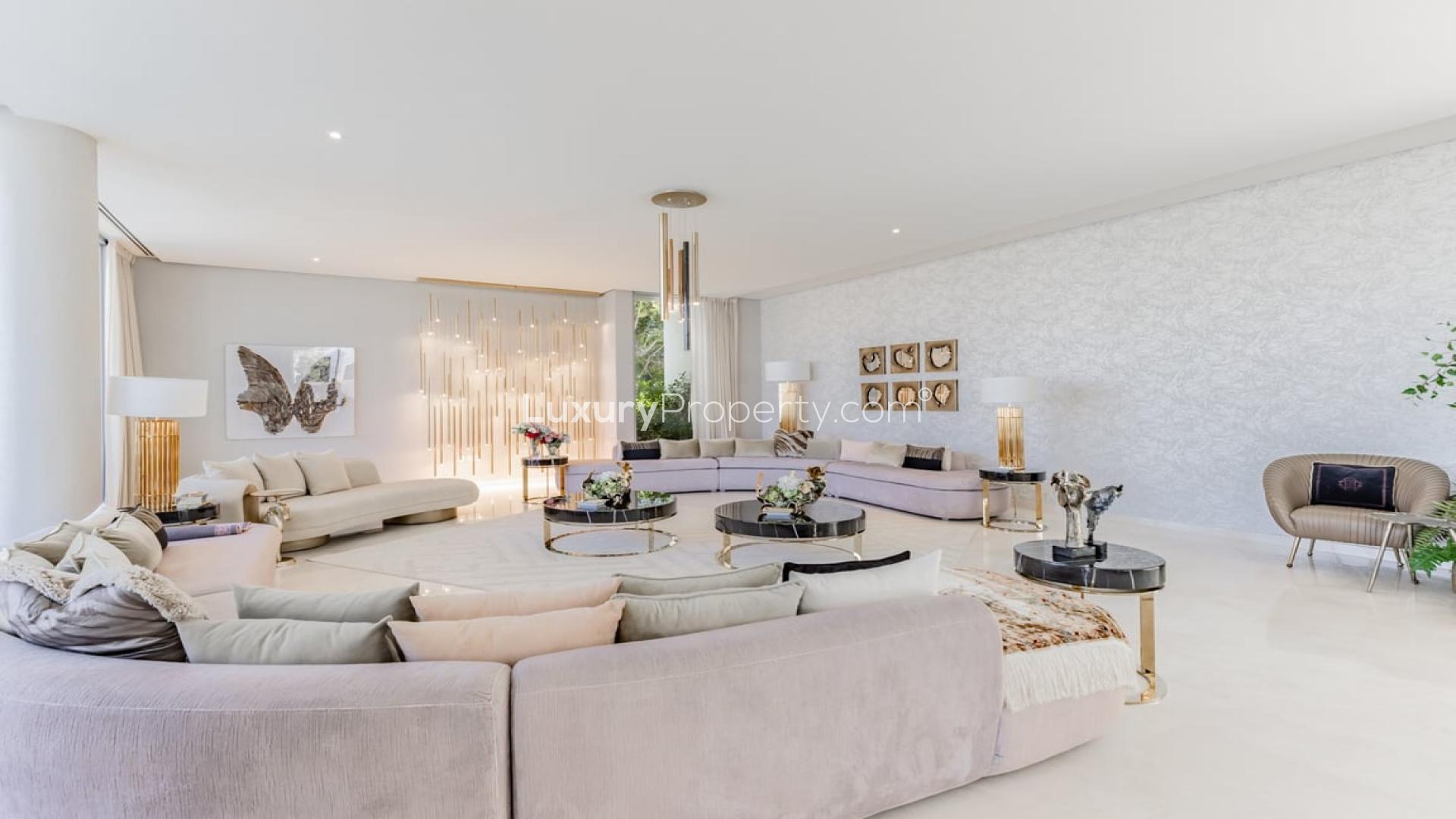 Luxurious living room in 6-bed villa, Fairways Vistas, Dubai Hills Estate, with elegant decor
