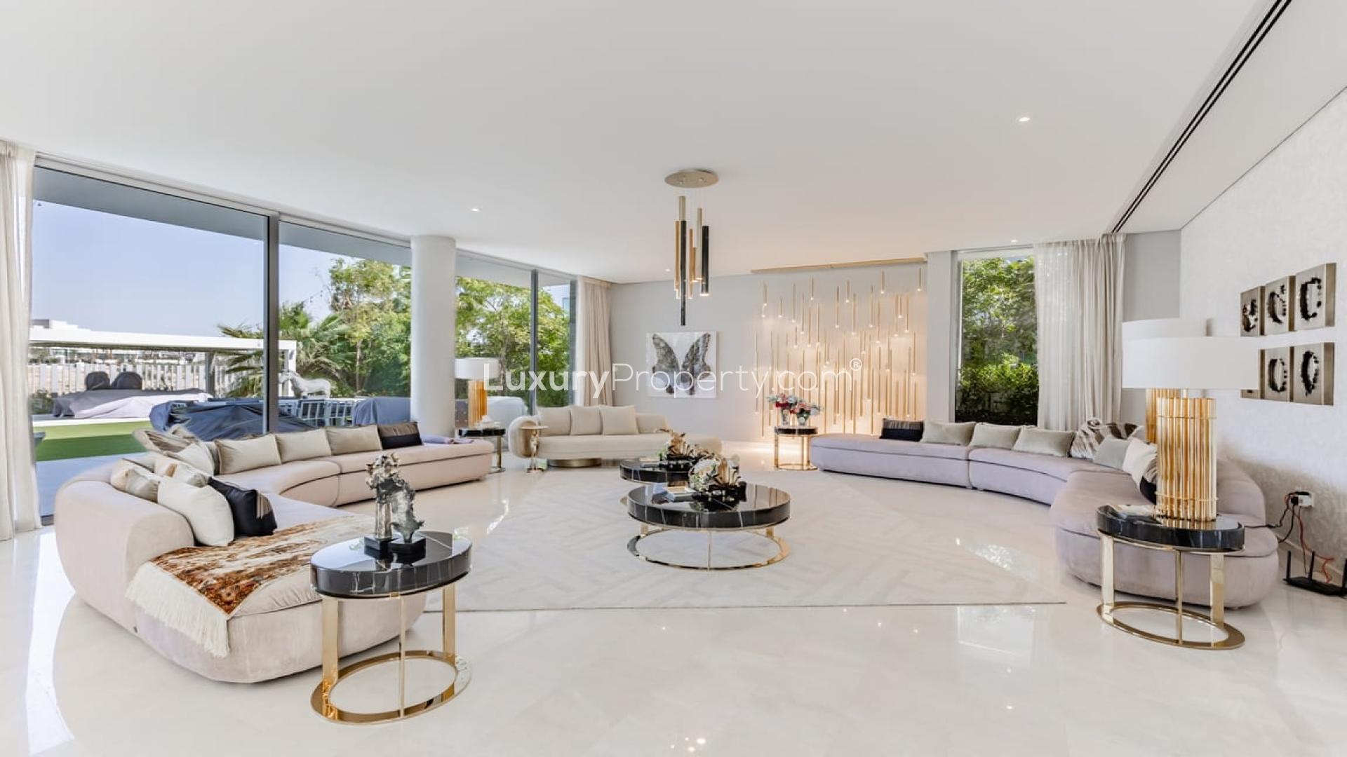 Elegant 6-Bed Villa entrance with lush garden in Dubai Hills Estate, Fairways Vistas