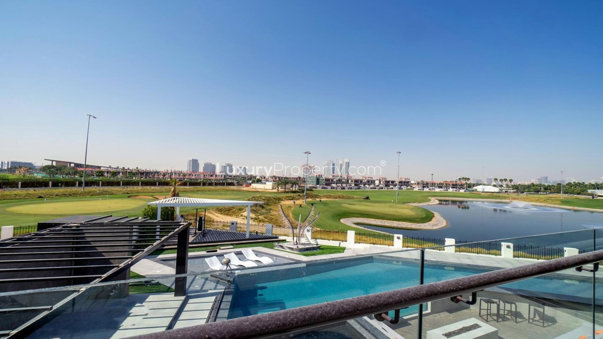 Luxurious living room in upgraded Damac Hills villa with modern decor and garden view