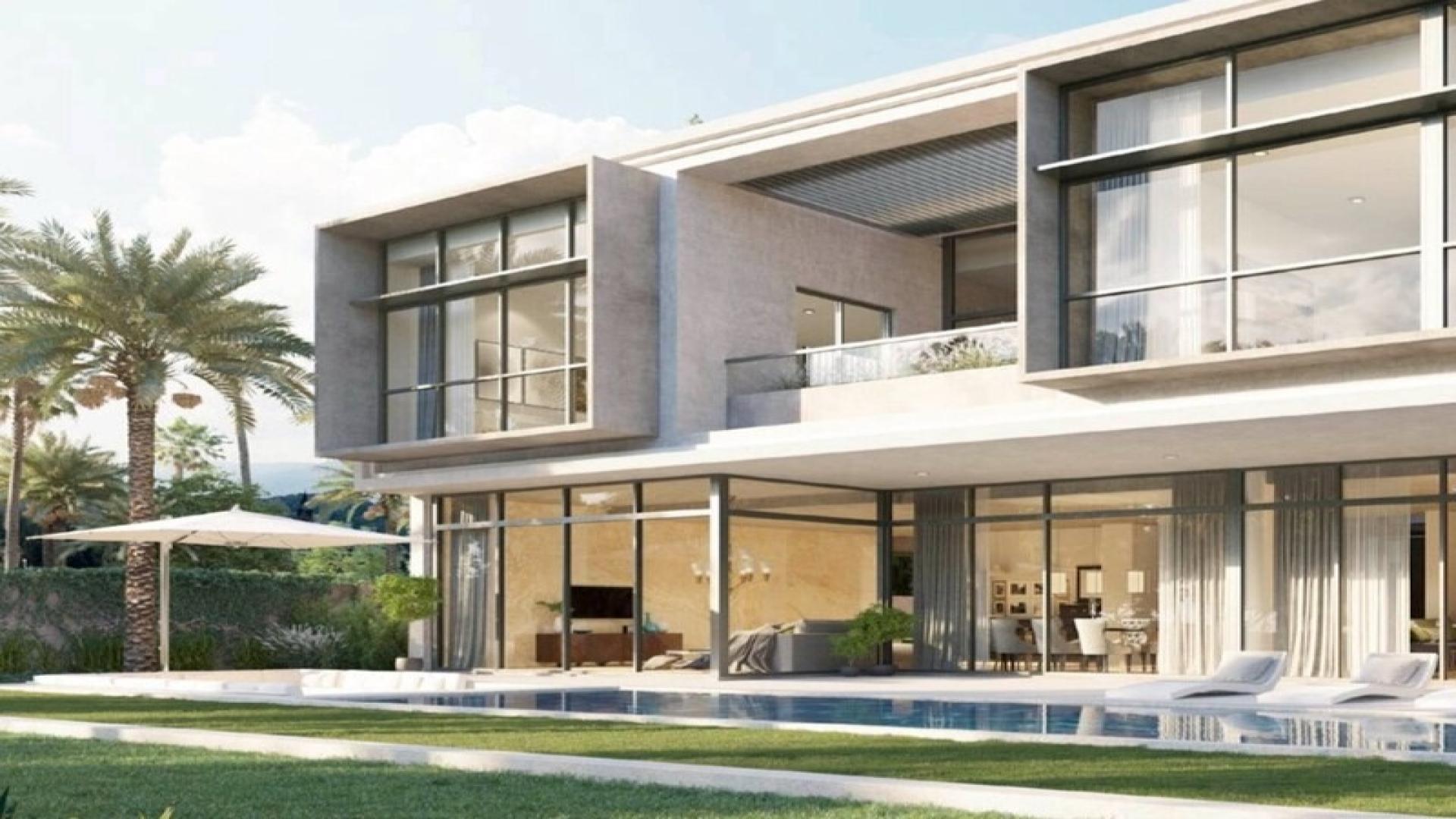 Luxurious living room in Dubai Hills Estate villa overlooking park and skyline