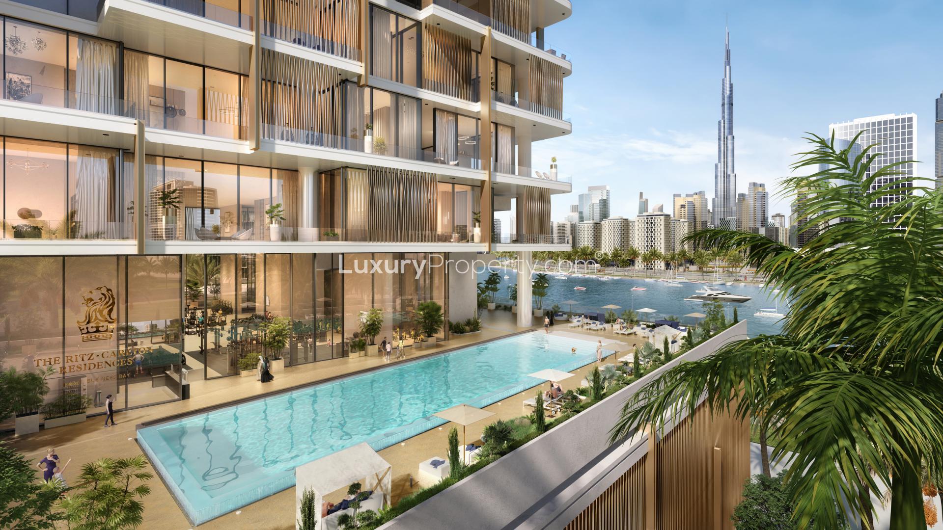 Ritz-Carlton apartment exterior with waterfront view in Business Bay, Dubai