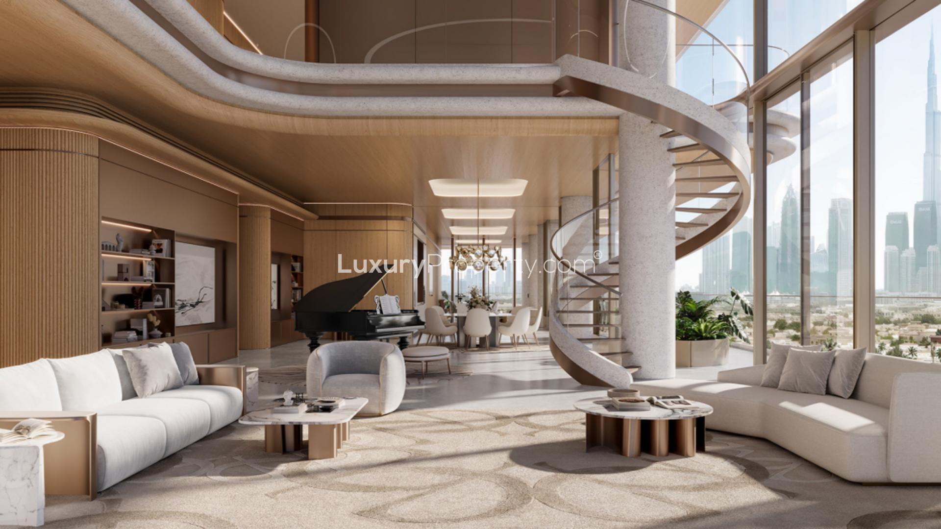 Futuristic luxury apartment exterior with curved balconies, Jumeirah's The Rings, for sale