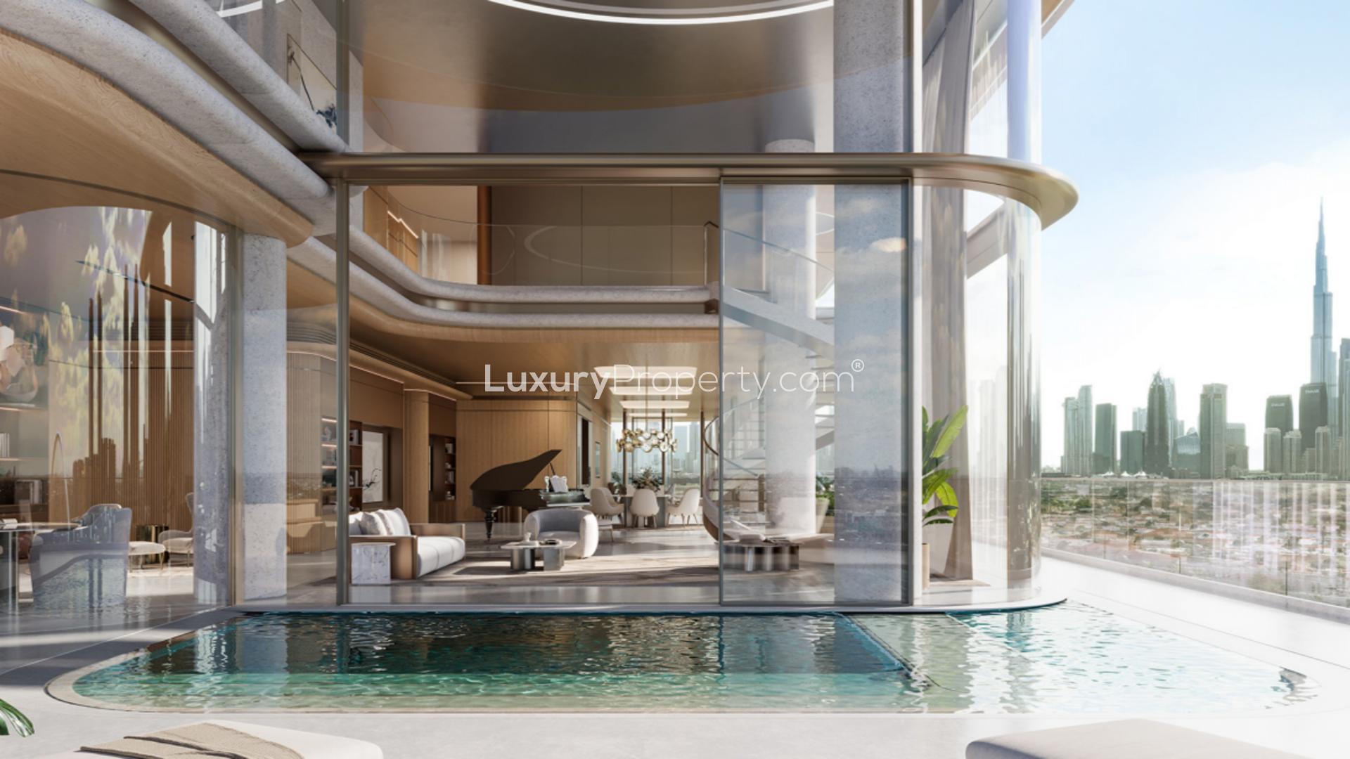 Luxurious dining area in six-bedroom apartment, The Rings, Jumeirah, featuring elegant decor