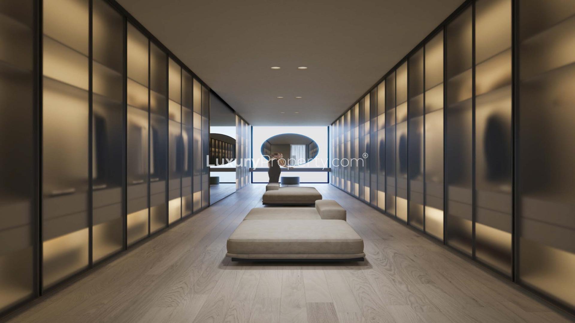 Luxurious bedroom with modern decor, large windows, and city view in DIFC apartment