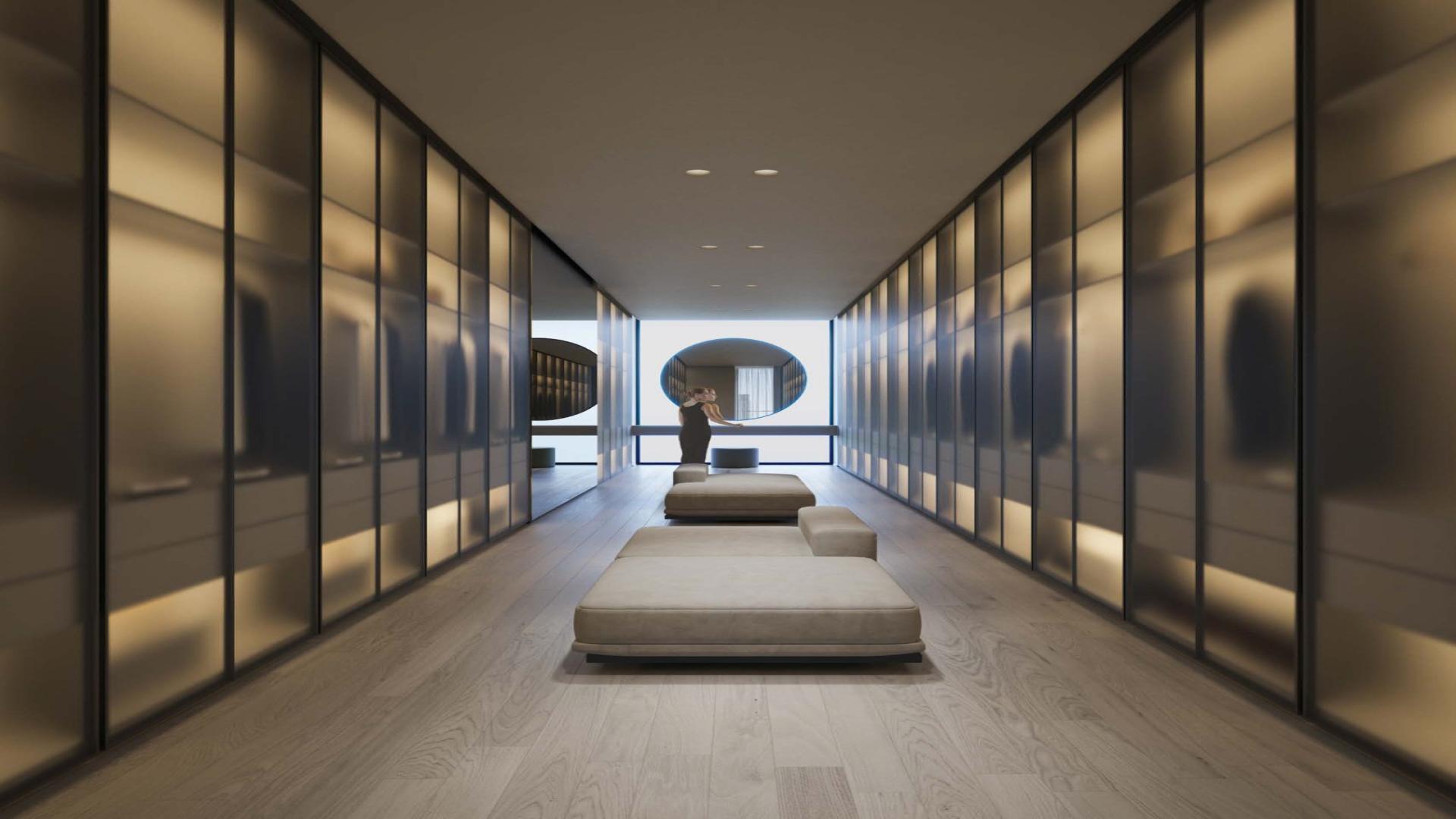 Luxurious bedroom with modern decor, large windows, and city view in DIFC apartment