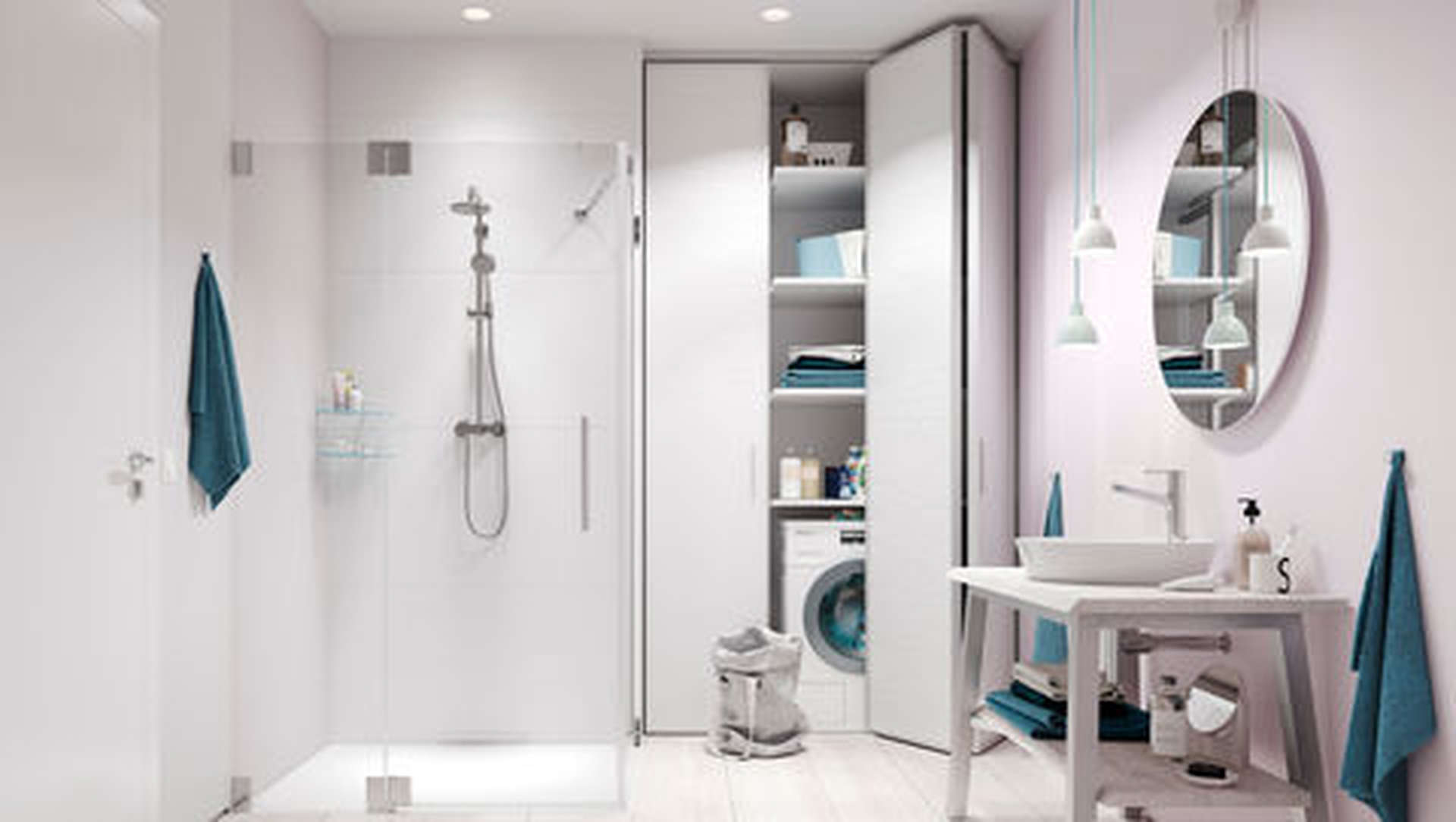 Modern bathroom with shower and laundry area at The Residences, Lagos apartment for sale