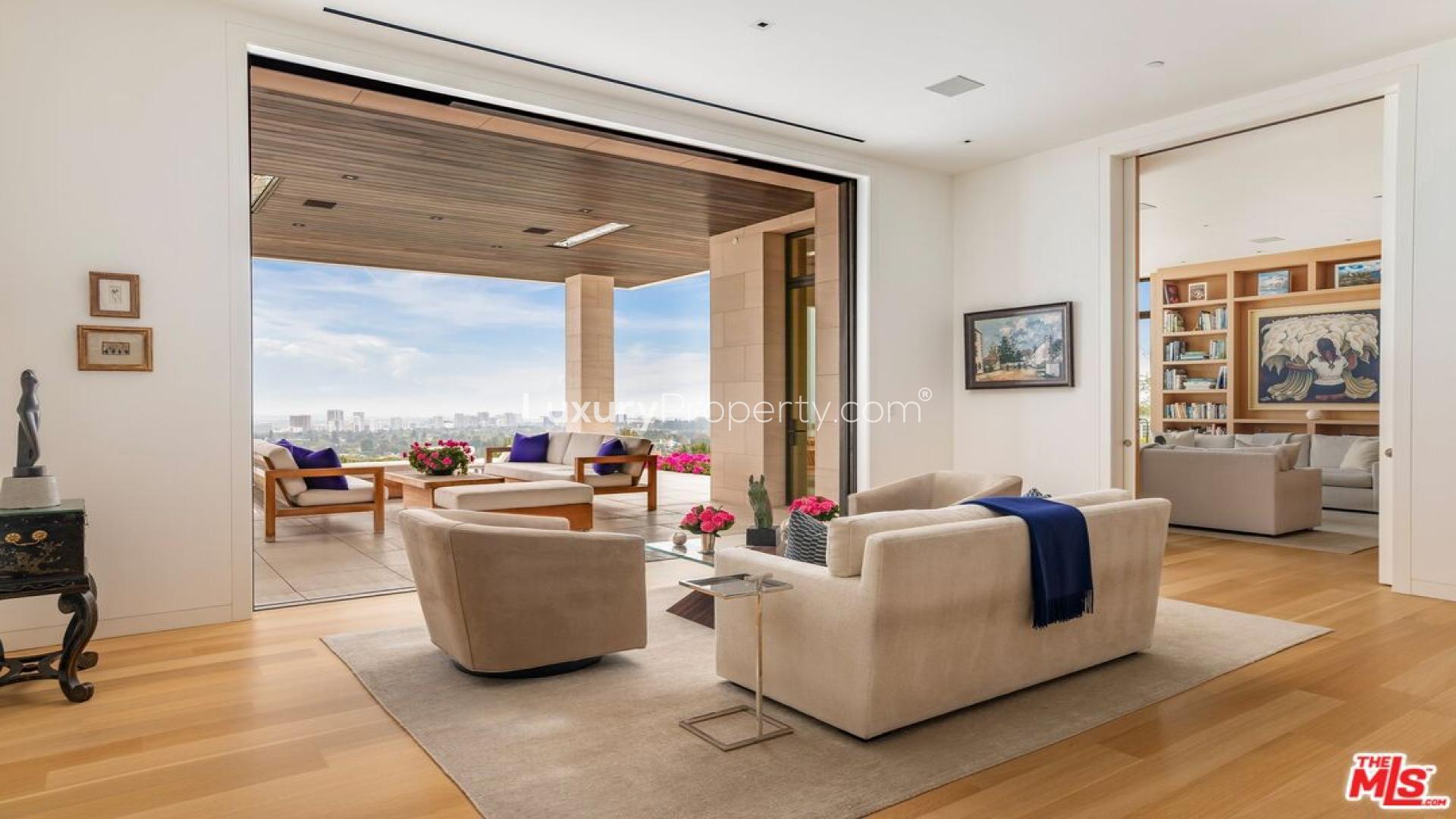 Luxurious Beverly Hills mansion living room with city views and elegant decor