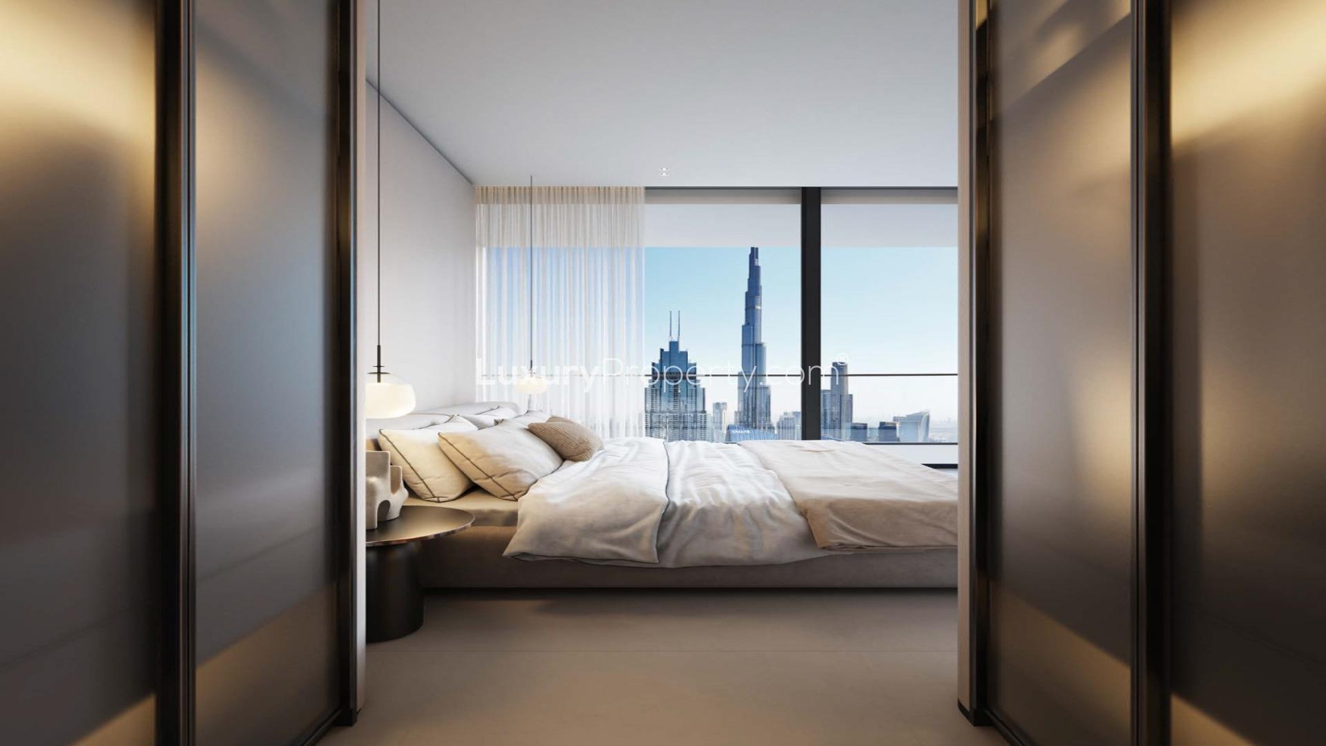 Luxurious penthouse living room with city skyline view at Akala Hotel, DIFC