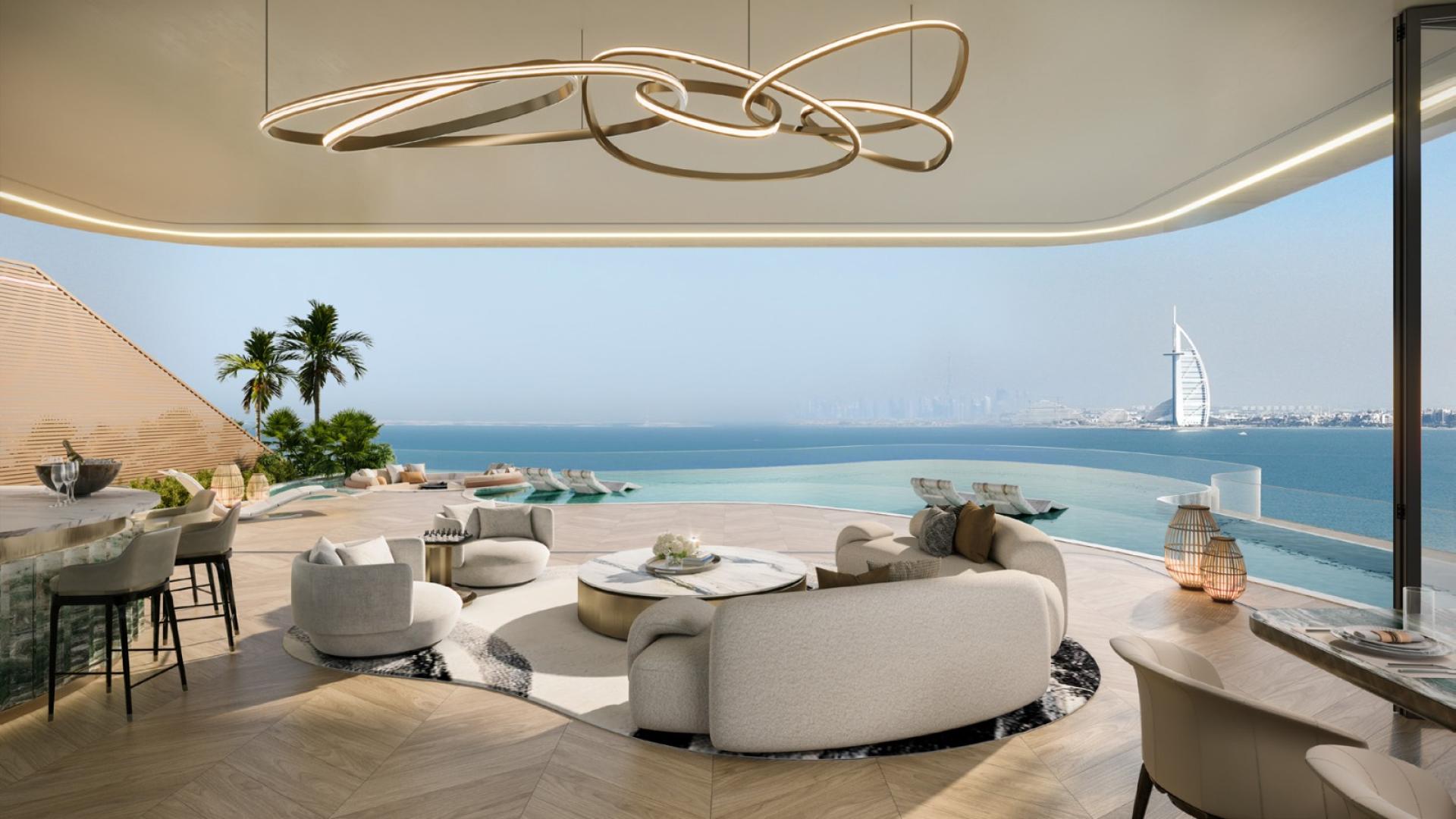 Luxurious Palm Jumeirah penthouse living room with stunning sea and Burj Al Arab views