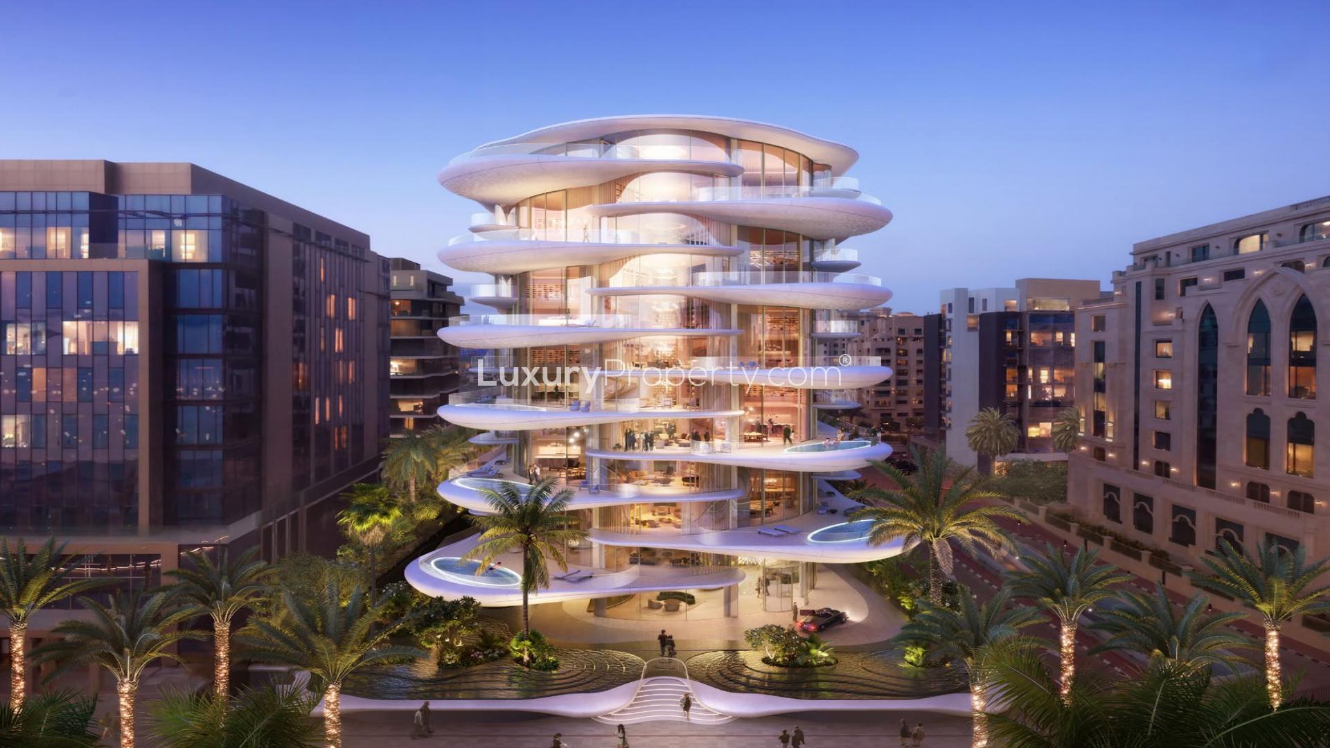 Futuristic white duplex penthouse with lush greenery, palm trees, and modern architectural design