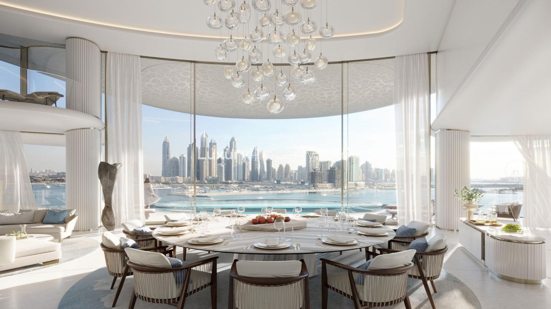 Luxurious living room in unique duplex super penthouse with modern decor and sea views