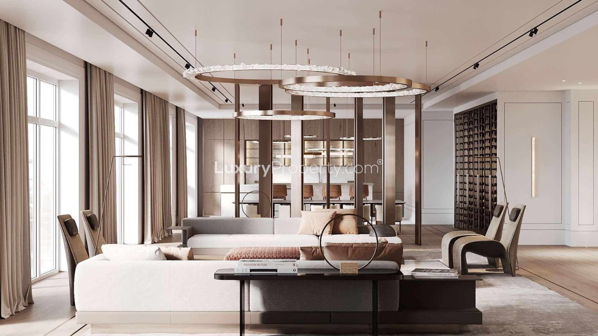 Luxurious living room in triplex penthouse, Palm Jumeirah, modern design, elegant furnishings