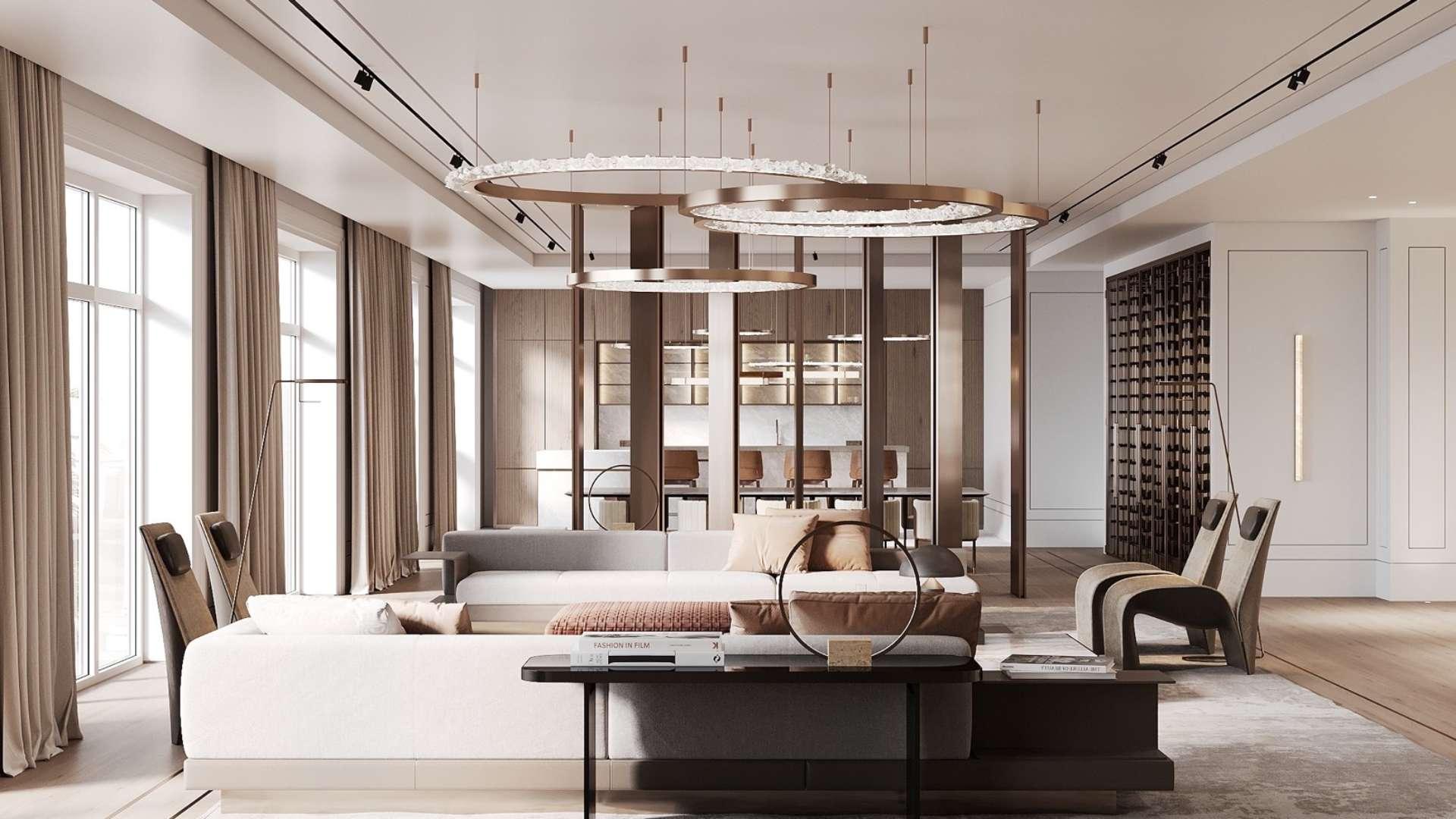 Luxurious living room in triplex penthouse, Palm Jumeirah, modern design, elegant furnishings