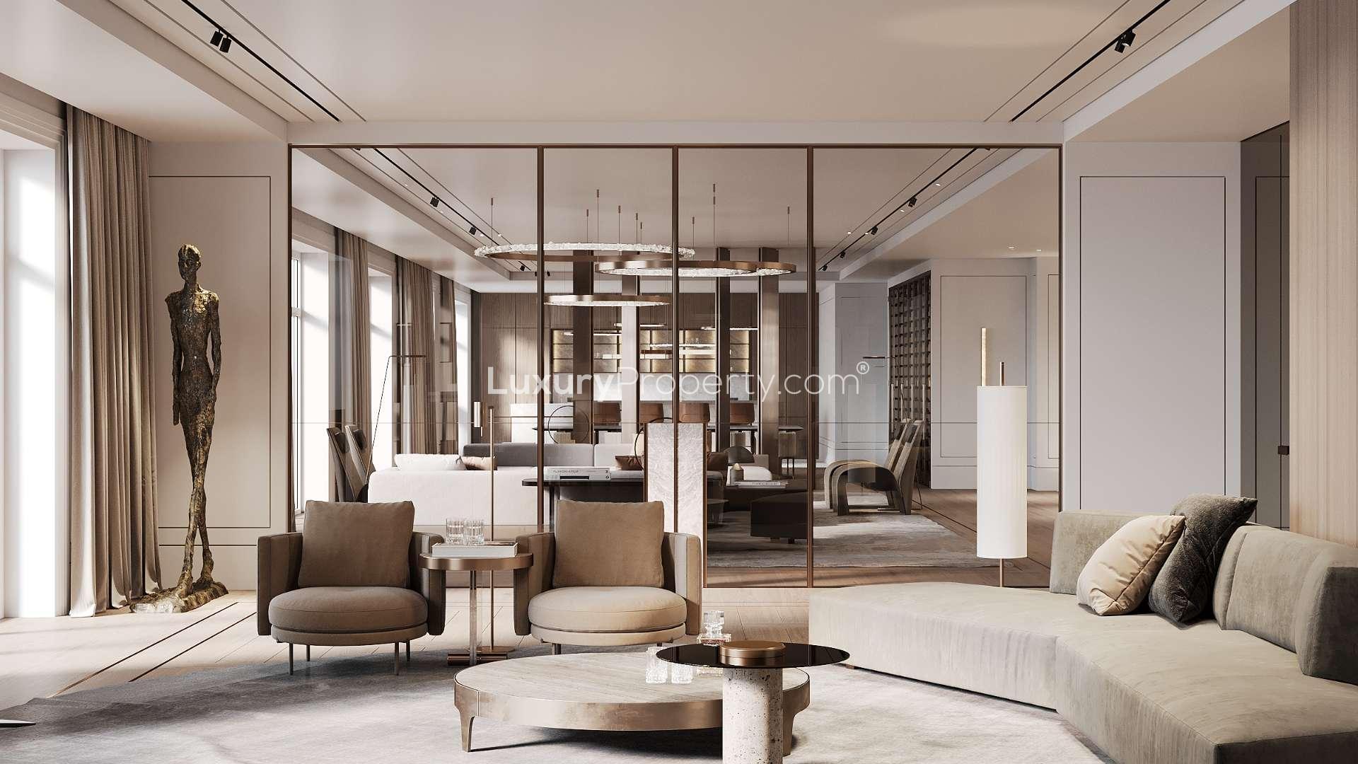 Luxurious living room in Raffles triplex penthouse, Palm Jumeirah, elegant interior design