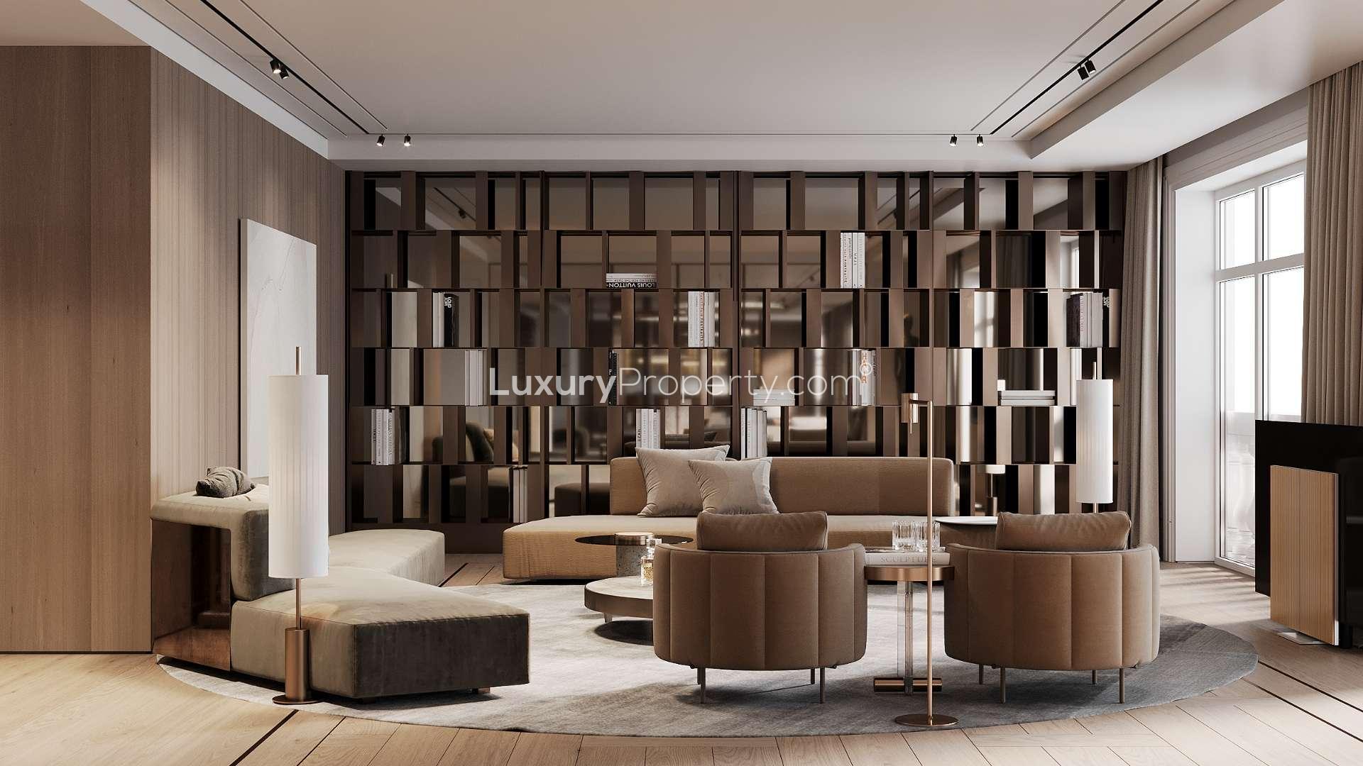 Luxurious living area in triplex penthouse, Raffles, Palm Jumeirah, modern design, elegant decor