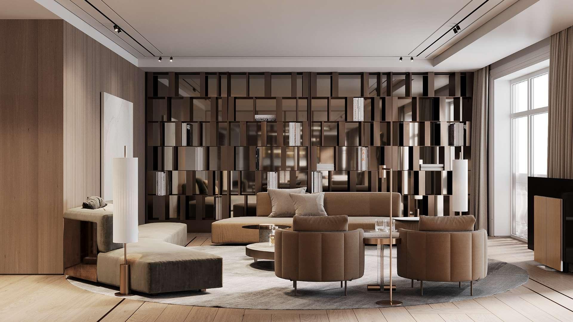 Luxurious living area in triplex penthouse, Raffles, Palm Jumeirah, modern design, elegant decor