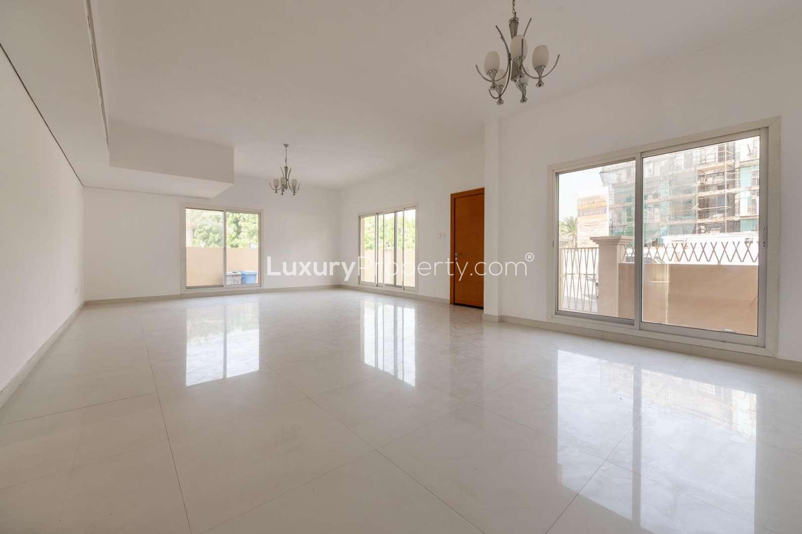 Spacious living room in 6-bedroom townhouse, Orchid Park, Jumeirah Village Circle, for rent