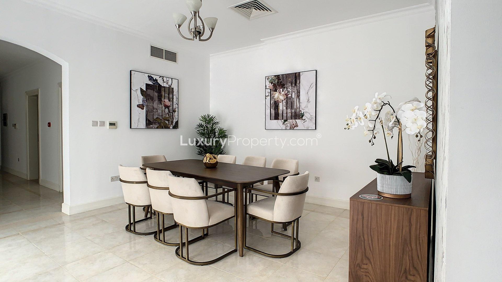 Furnished villa patio with private pool in Jumeirah Golf Estates, Fire community