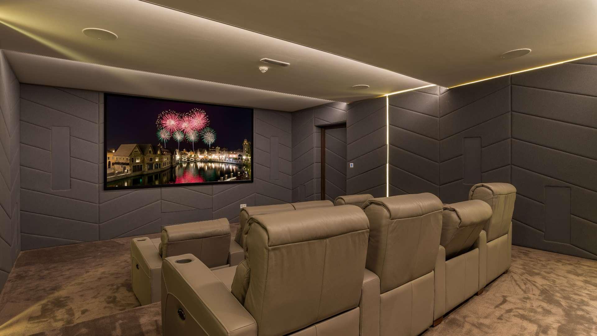 Luxurious living room in 6-bedroom villa, Hillside, Jumeirah Golf Estates, with pool view