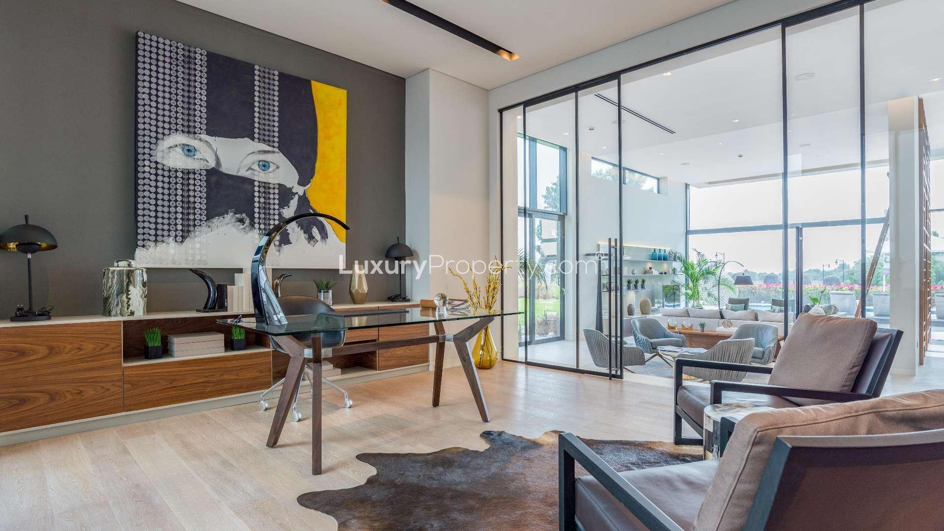 Modern living room in Hillside villa, Jumeirah Golf Estates, featuring stylish decor and open layout