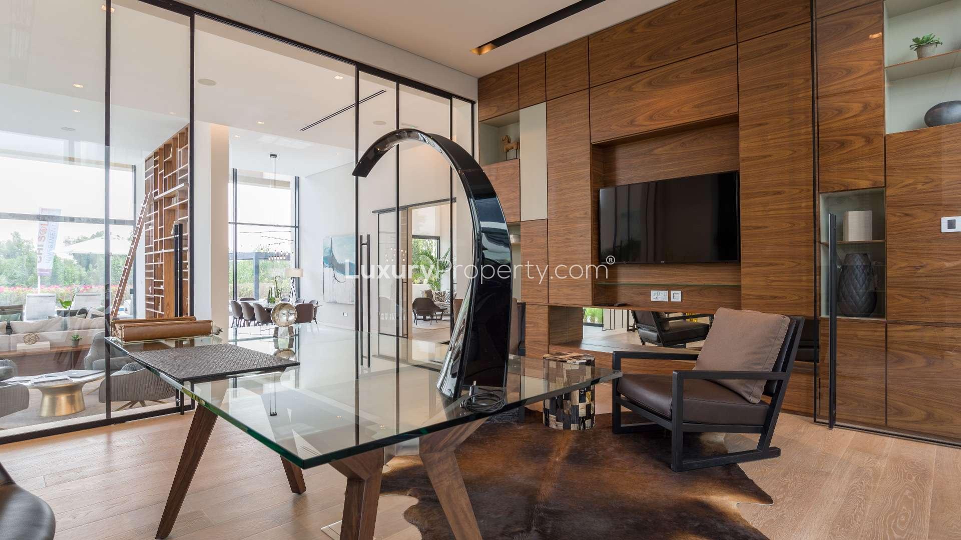 Modern interior of luxury villa in Hillside, Jumeirah Golf Estates with wooden accents