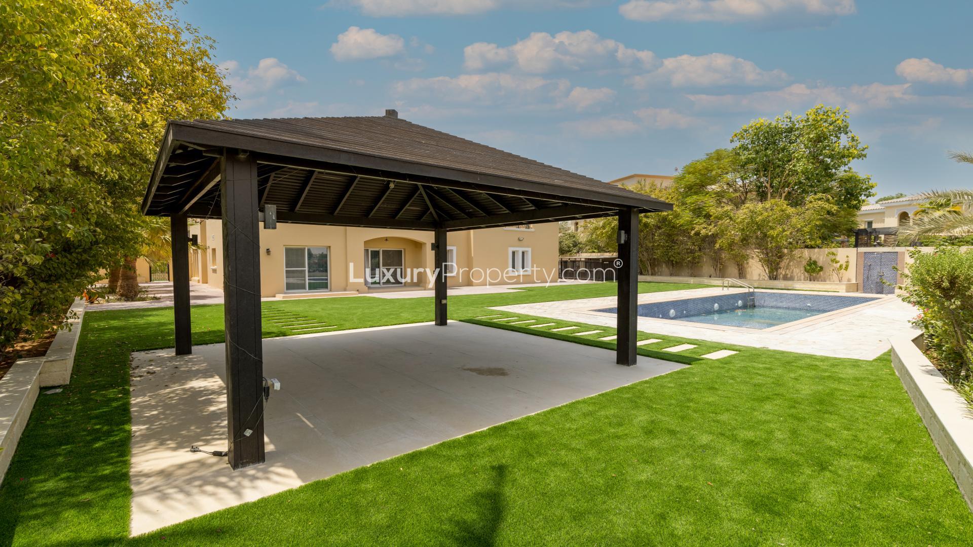 Luxury villa garden with gazebo and pool in Arabian Ranches, La Avenida community