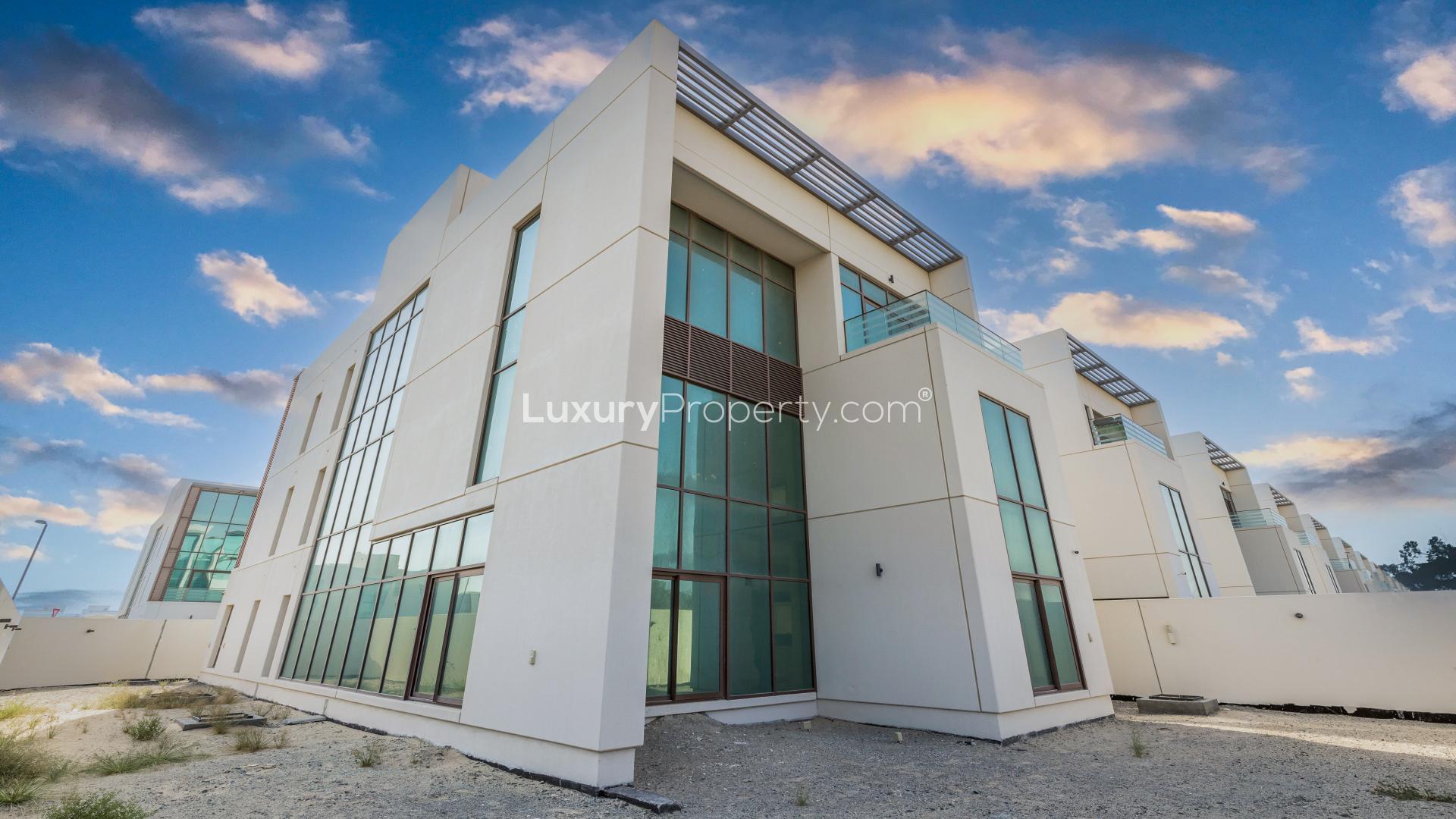Elegant six-bedroom villa exterior in Meydan Gated Community, available for rent