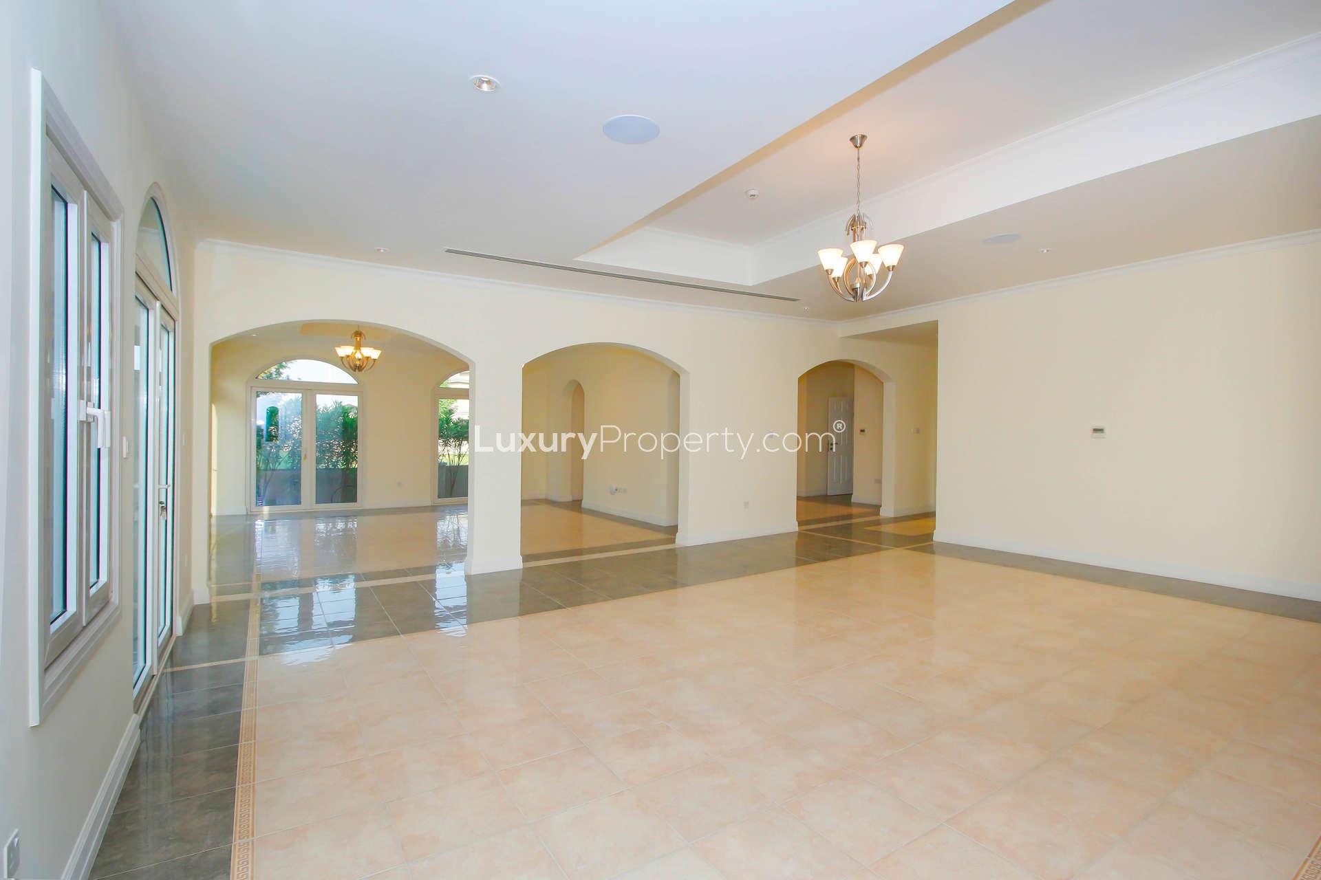 Luxurious villa entrance with staircase, Jumeirah Golf Estates, Earth community, available for rent