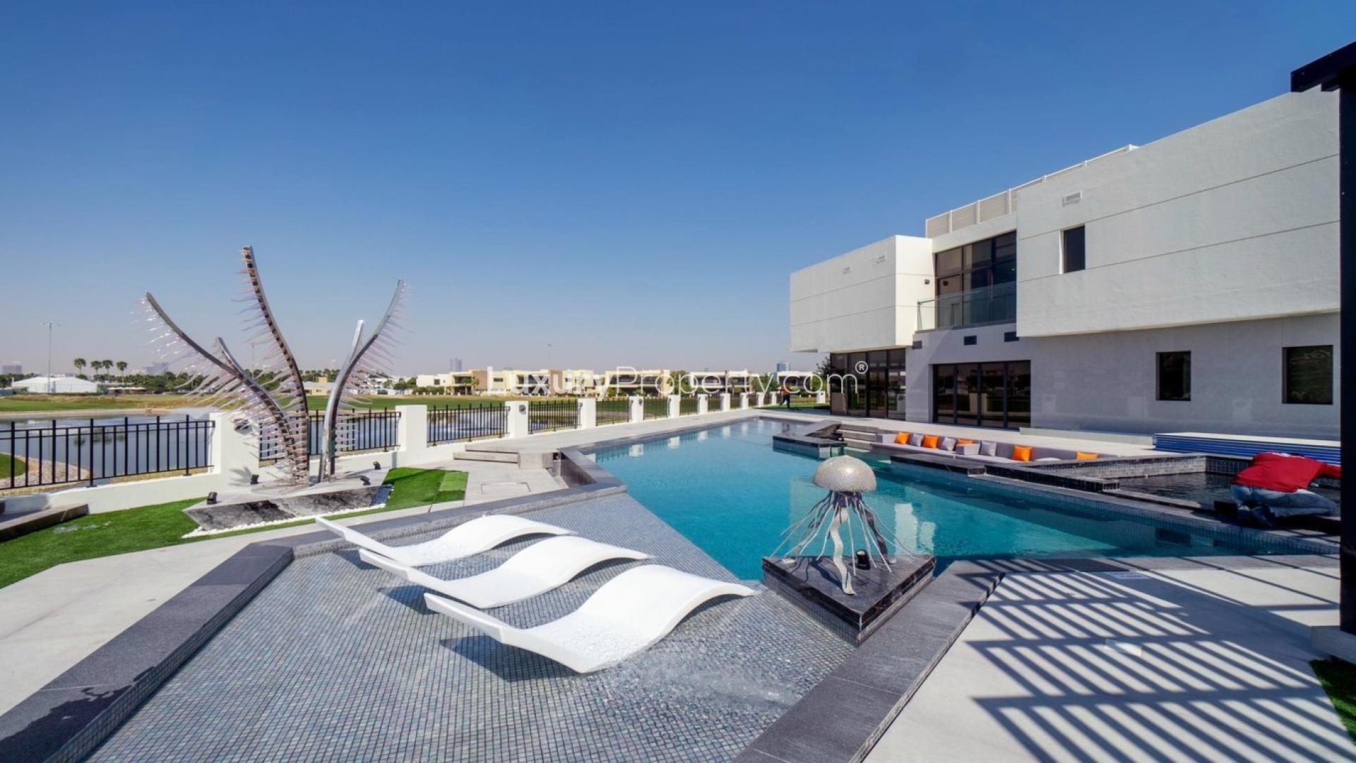 Upgraded 6-bedroom villa with pool and golf course view in Damac Hills, Trevi