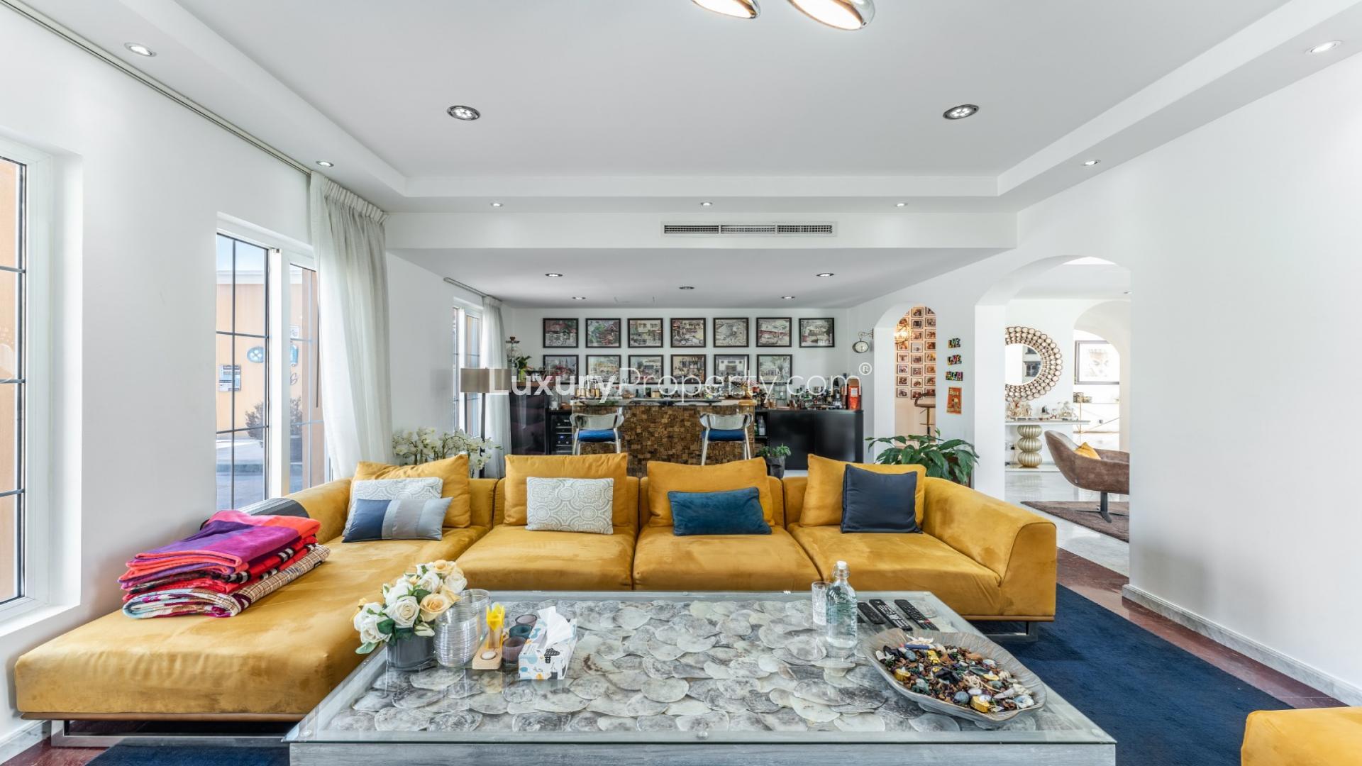 Luxurious living room in Mirador La Coleccion villa, Arabian Ranches, with elegant decor