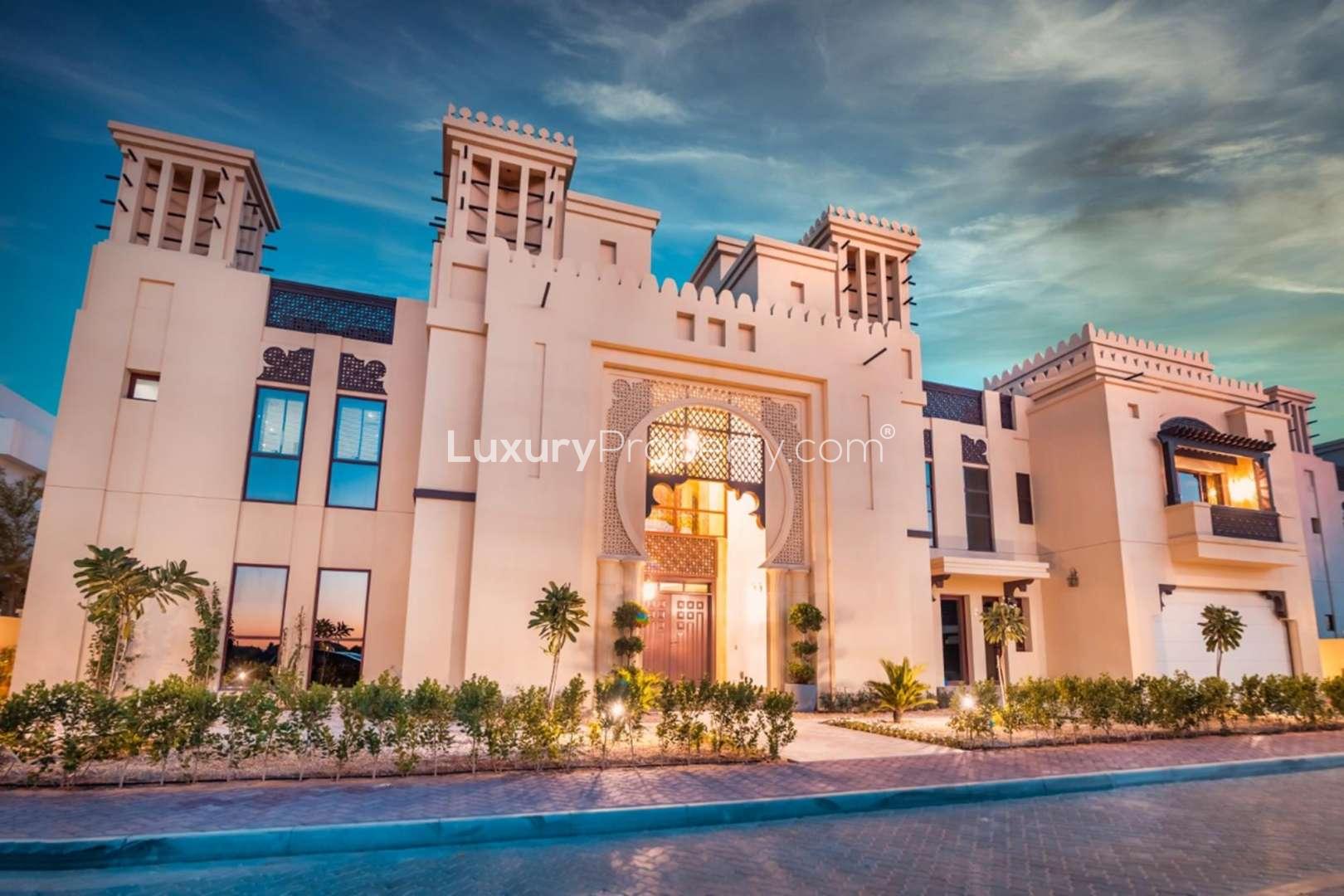 Luxurious bedroom in 6-bedroom villa at Palm Jumeirah, featuring elegant decor and sea view
