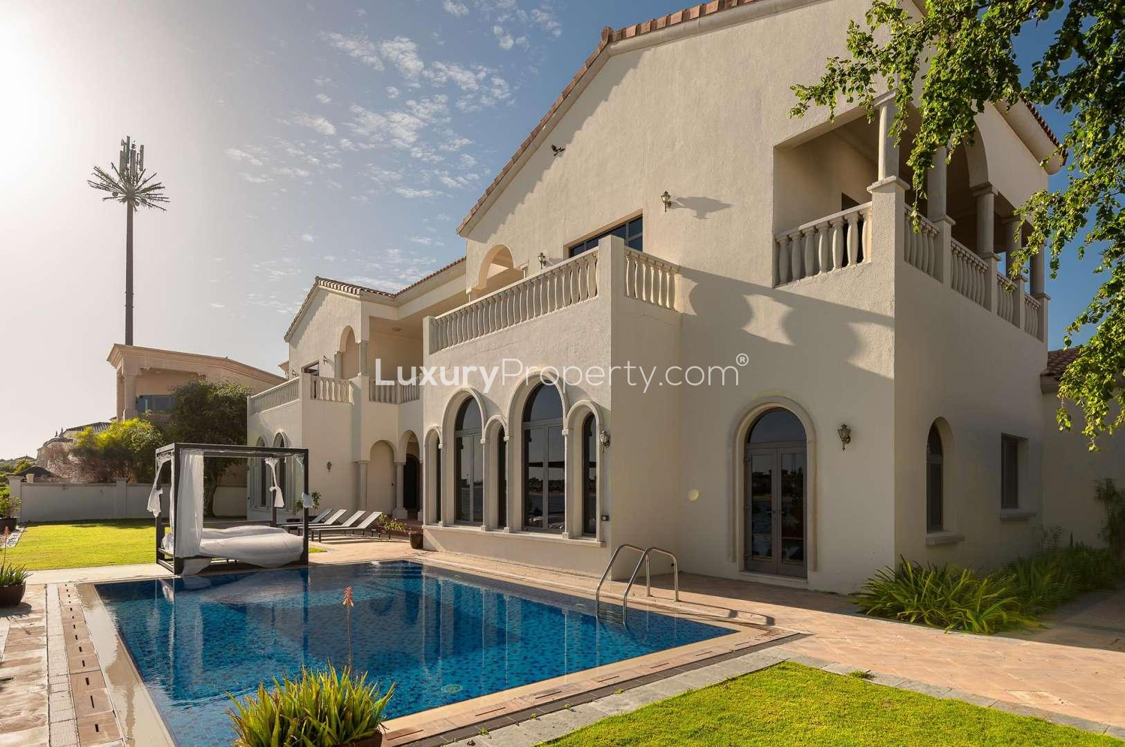 Luxurious villa poolside view with cabana on Palm Jumeirah, Signature Villas community