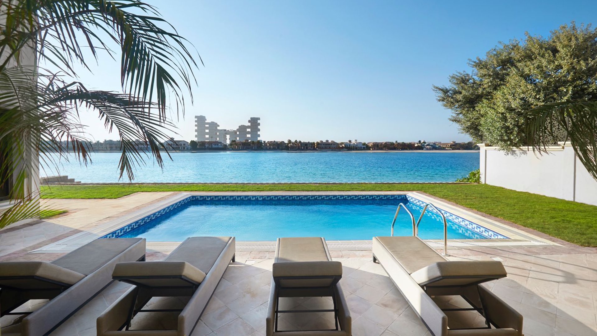 Luxurious villa living room with panoramic sea views, Palm Jumeirah Signature Villas
