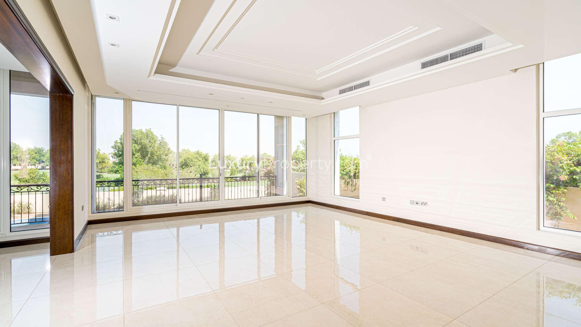 Elegant six-bedroom villa exterior in Jumeirah Golf Estates, featuring designer architecture