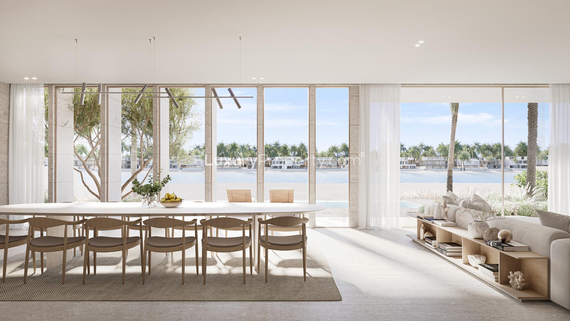 Luxurious beachfront villa patio with pool in Palm Jebel Ali, Dubai