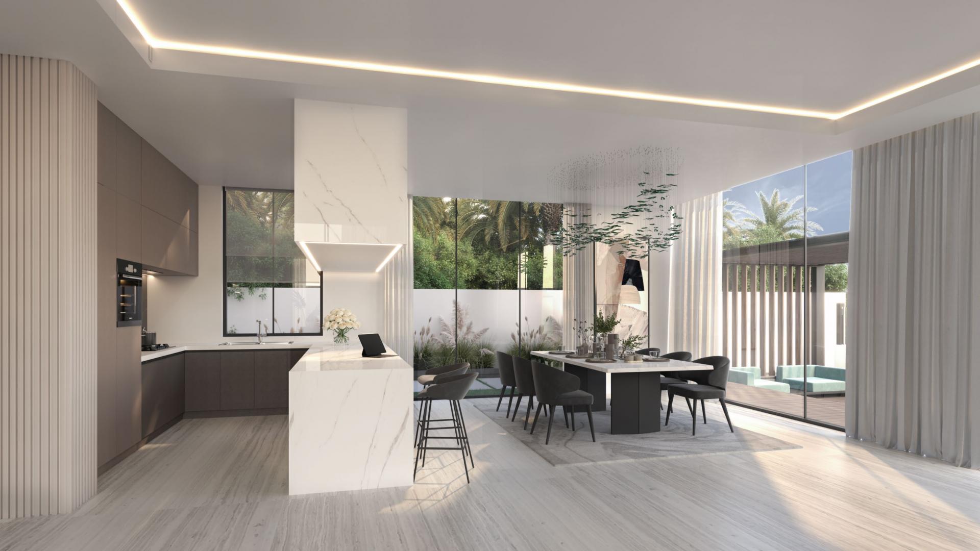 Three-level luxury villa exterior in Terra, Jumeirah Golf Estates with modern design and lush surroundings