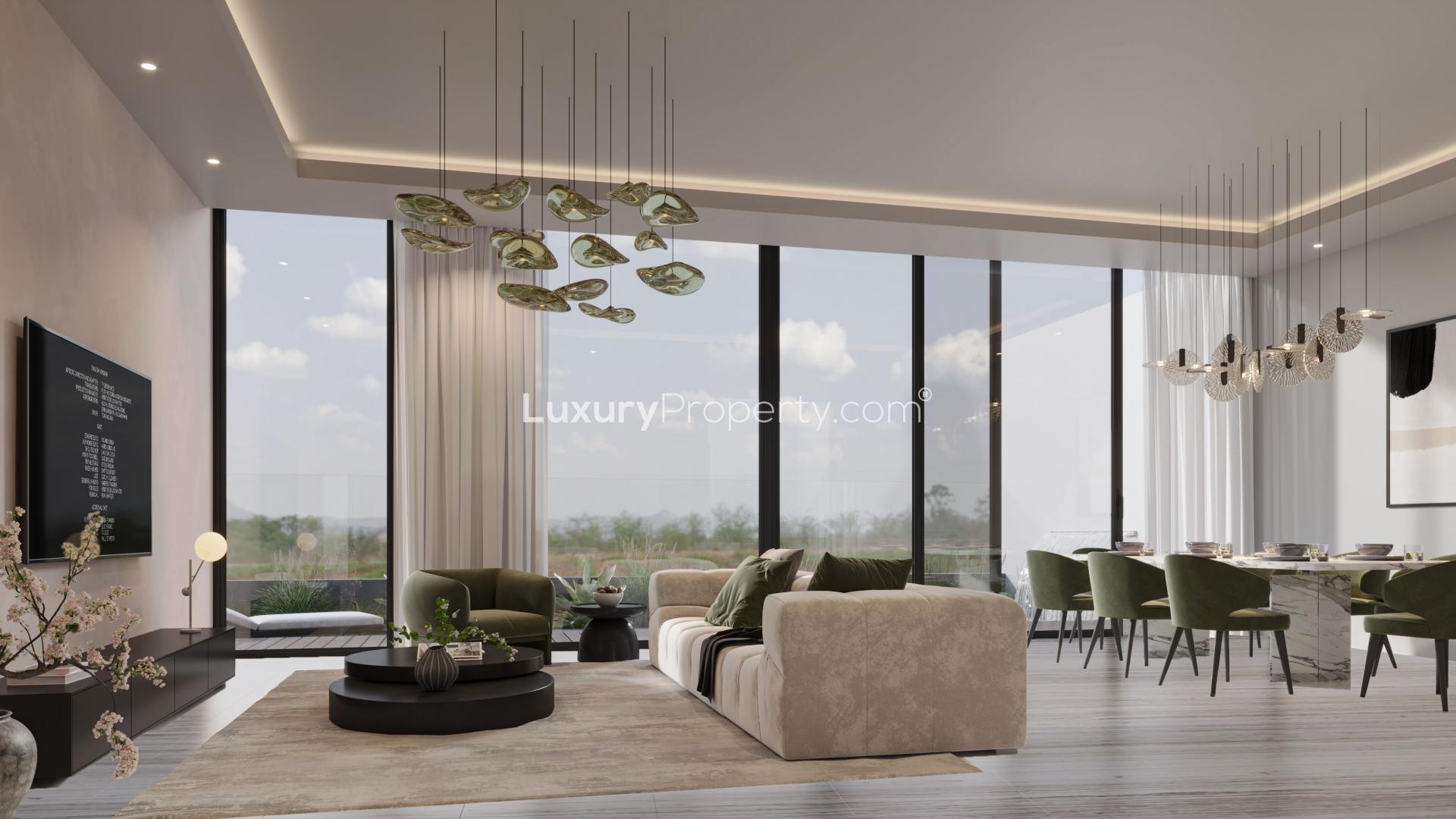Luxurious living room in Terra Golf Collection villa, Jumeirah Golf Estates, spacious and elegant design