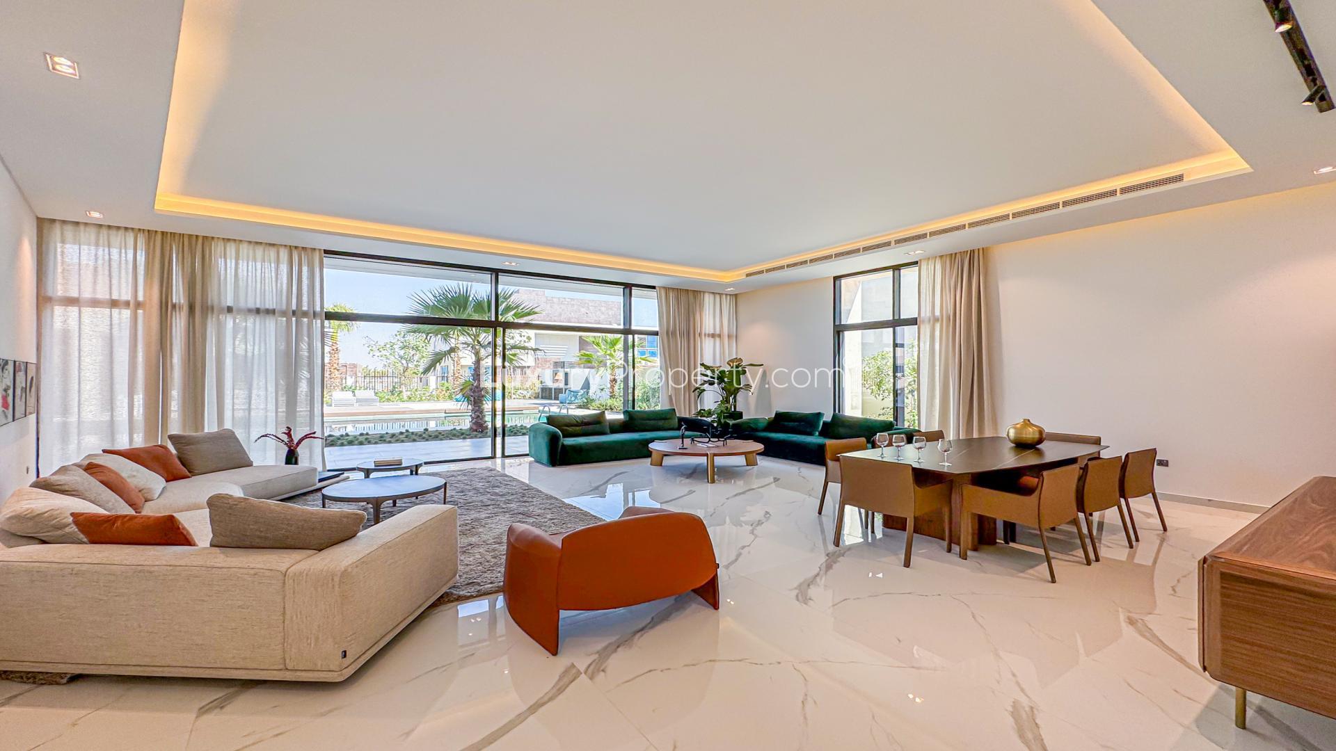 Luxurious Al Barari villa with modern design, private pool, and spacious outdoor area for sale