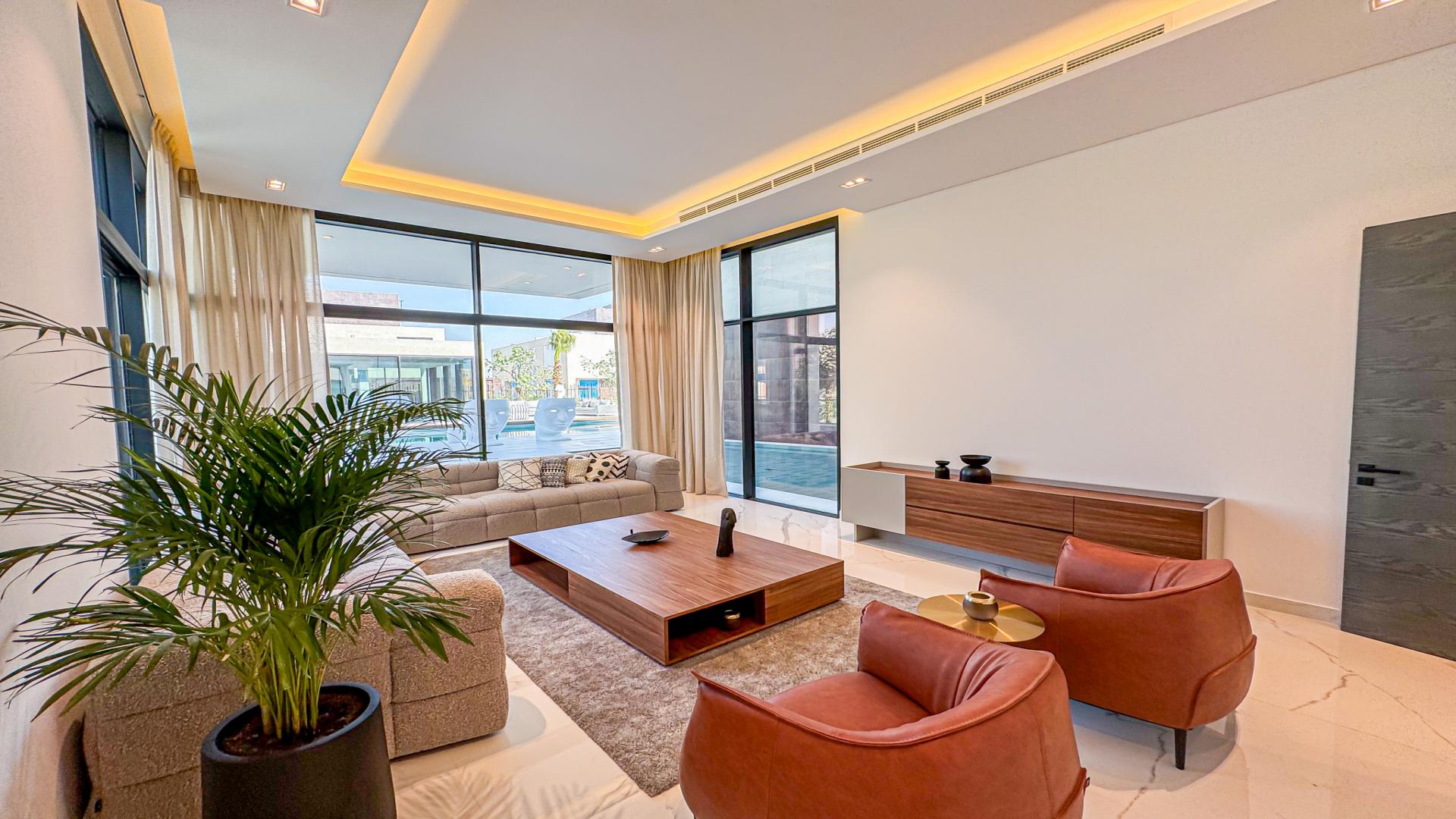 Modern six-bedroom villa exterior in Lunaria, Al Barari, featuring contemporary design and lush greenery