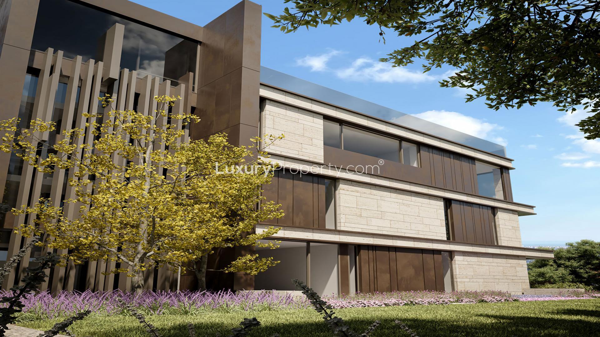 Luxurious Villa Alta exterior in Pearson Gardens, Barcelona, surrounded by lush greenery