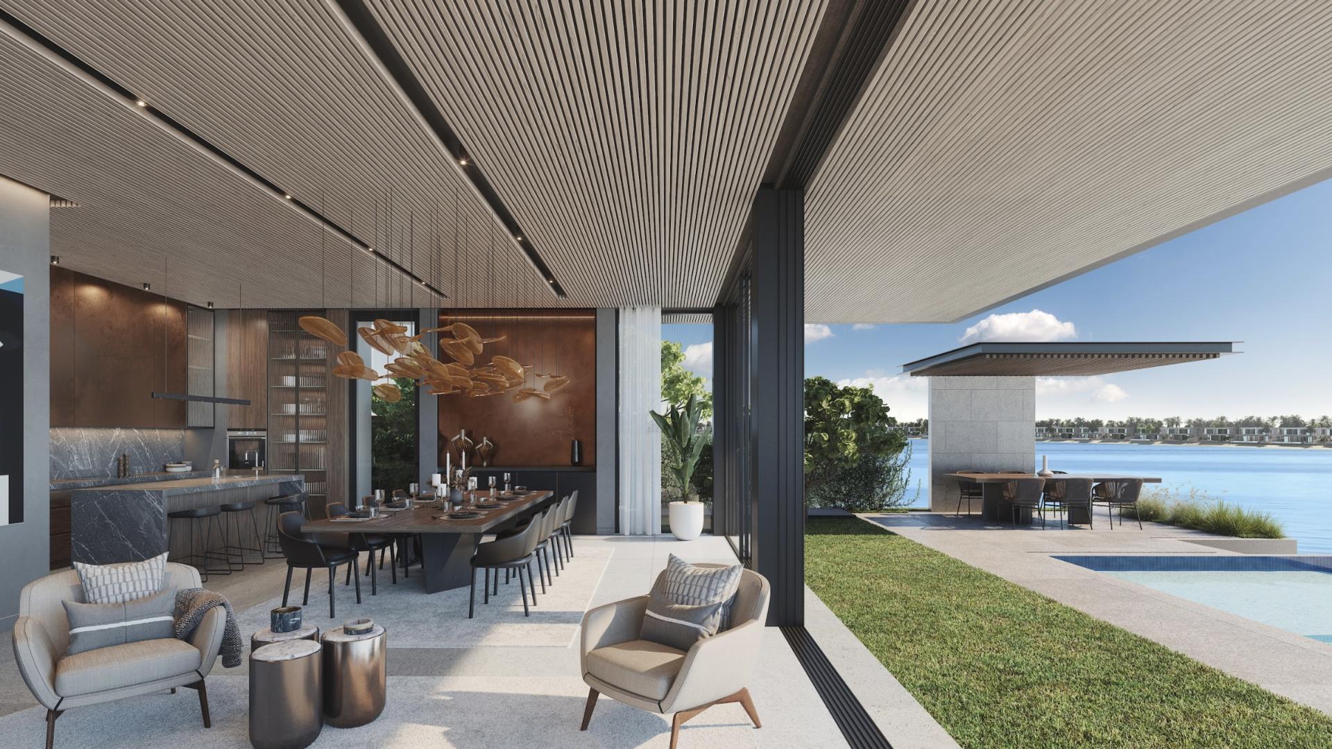 Luxurious dining and lounge area with sea view in Palm Jebel Ali villa