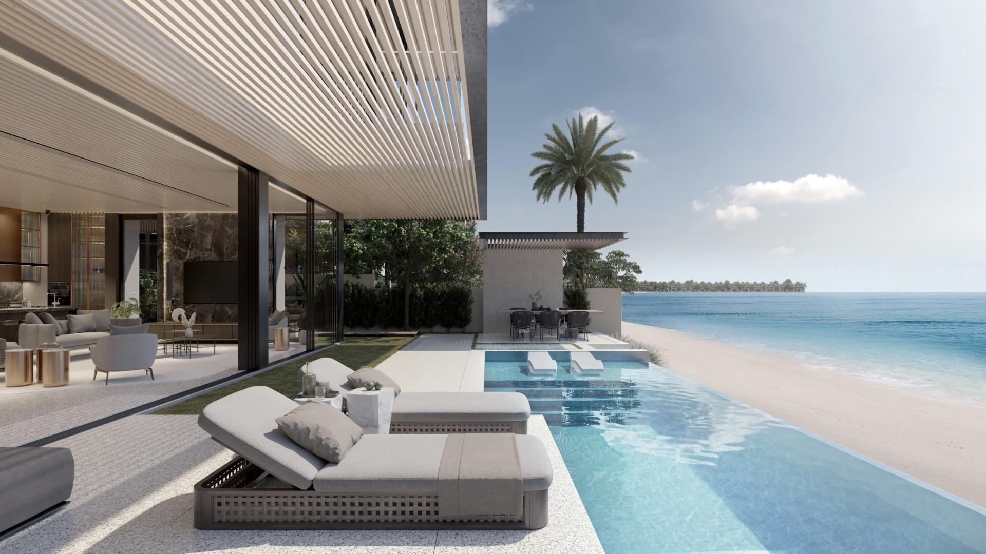Luxurious villa lounge with sea view at Palm Jebel Ali, Dubai, featuring modern decor